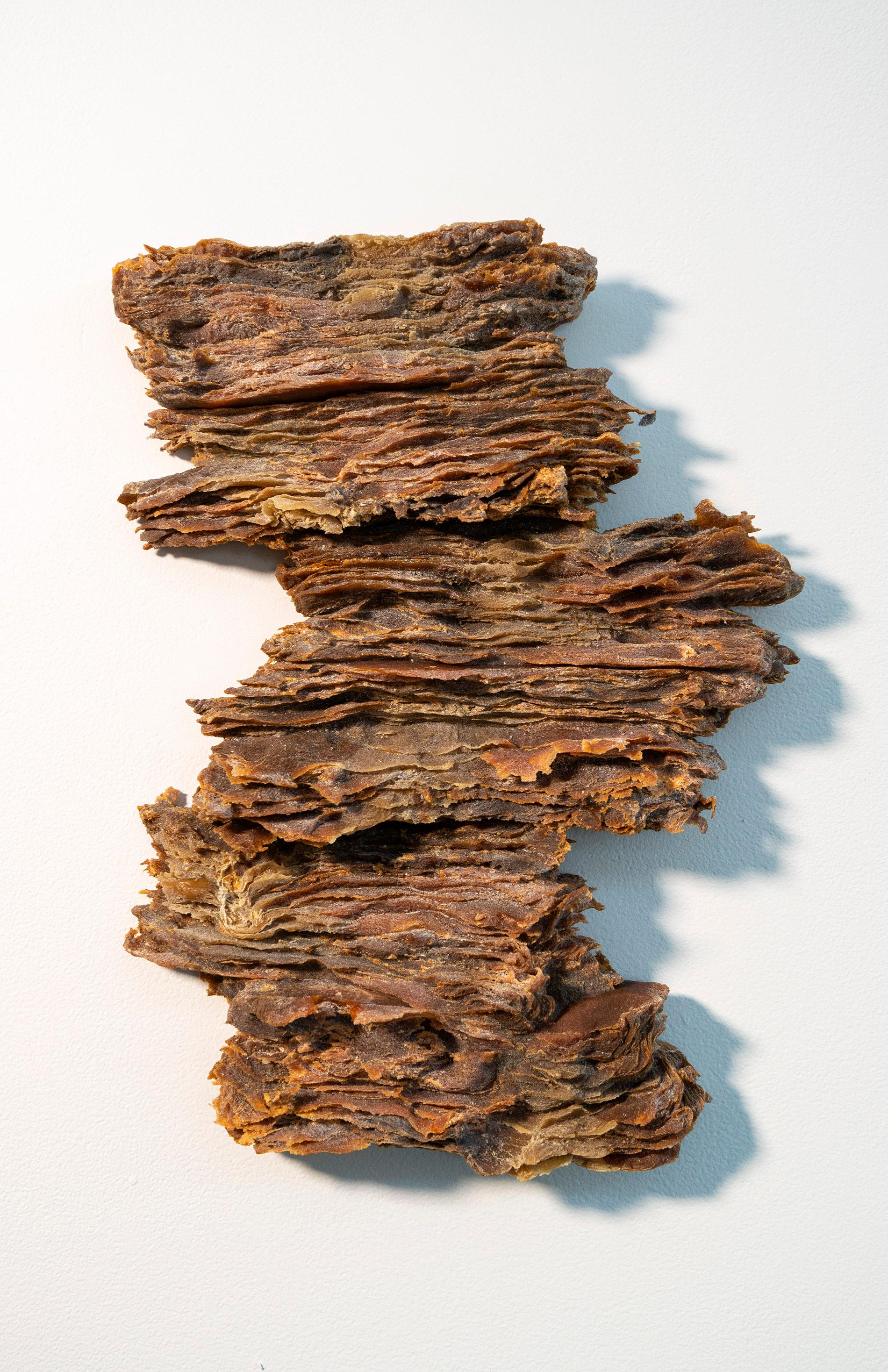 Outcrop No 10 - yellow, brown, textured, layered glass, sculpted wall relief