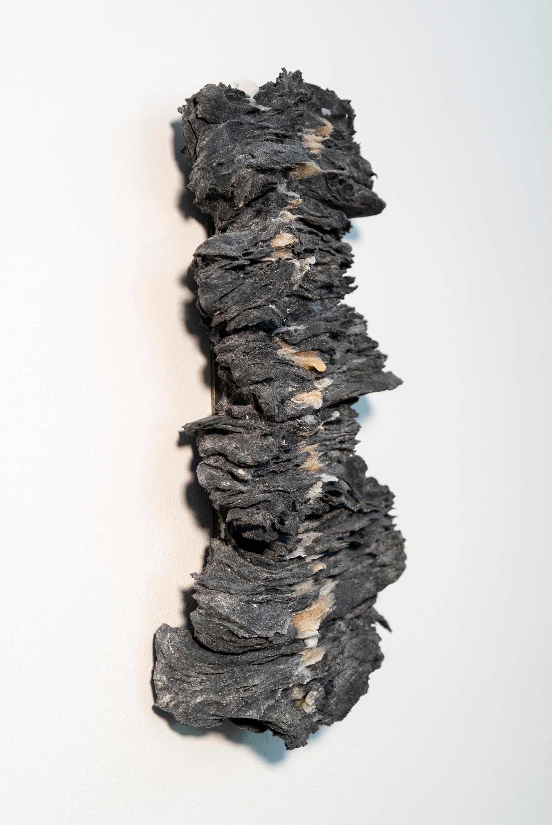 Cheryl Wilson-Smith’s striking textural wall sculptures are inspired by the remote rugged wilderness that surrounds her home in Northern Ontario. This is one of a series of finely layered glass frit (special ground glass) pieces in dark gray that