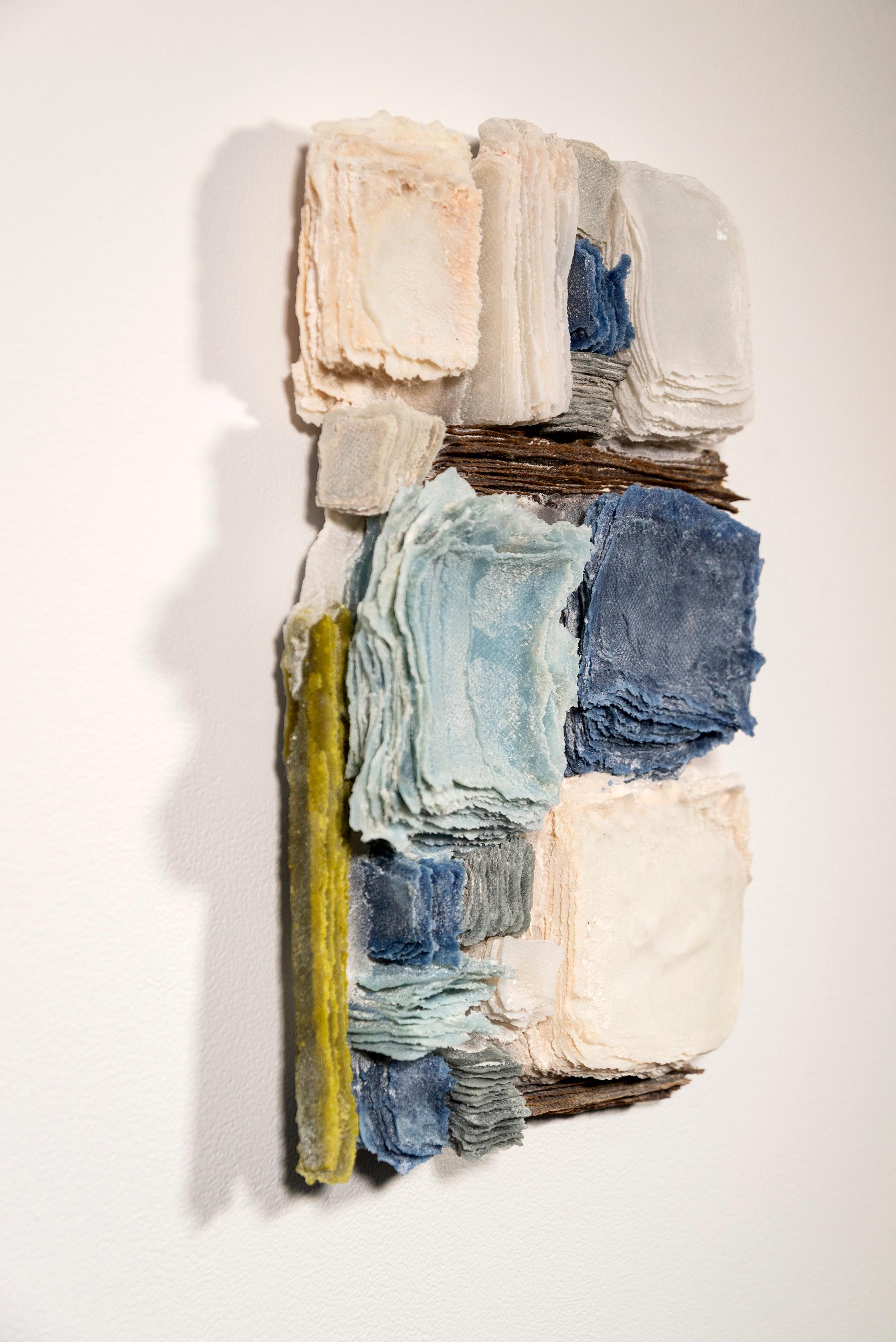 Pieced - grey, blue, white, textured, layered glass, wall relief, sculpture - Sculpture by Cheryl Wilson Smith