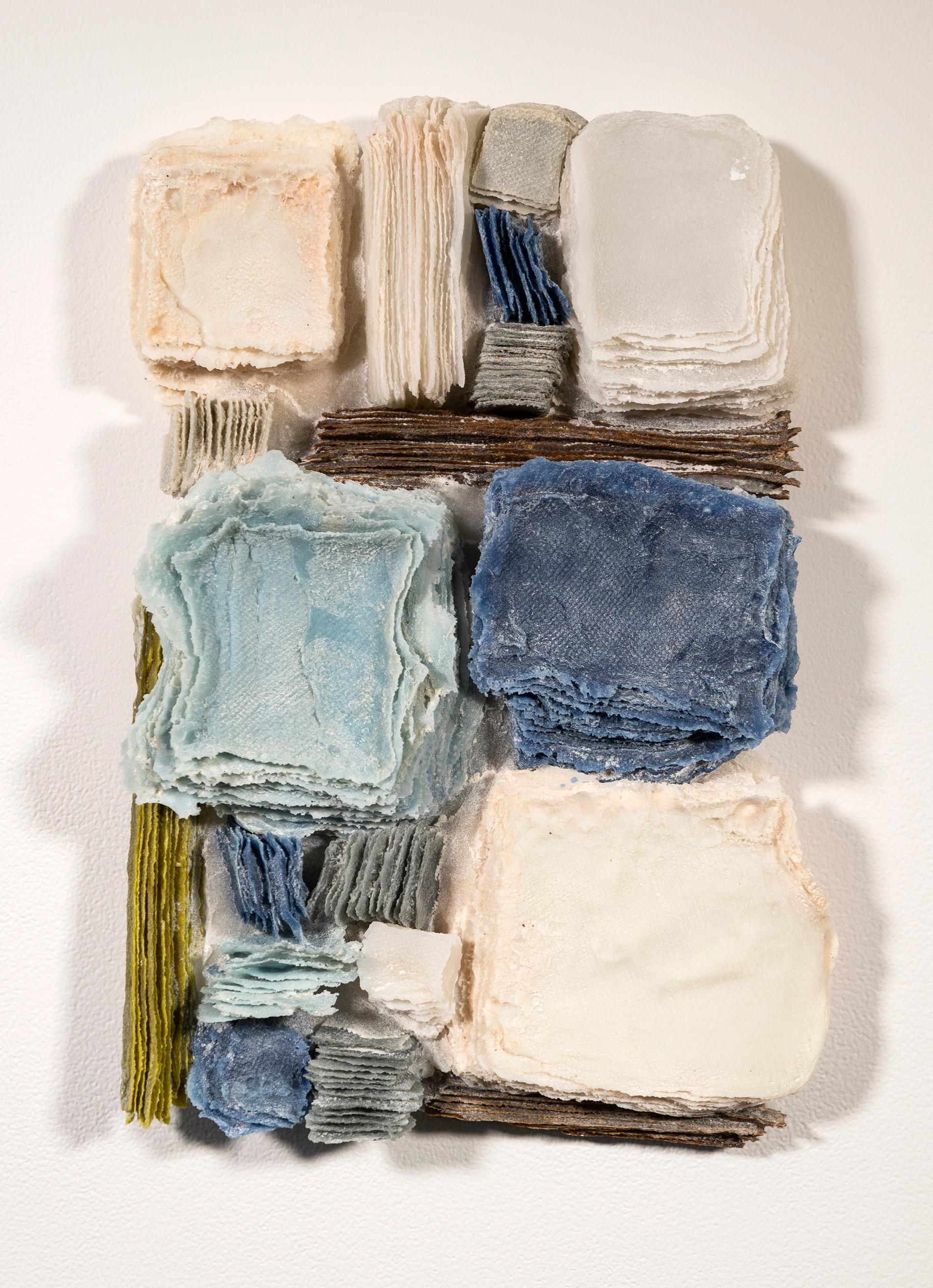 Cheryl Wilson Smith Abstract Sculpture - Pieced - grey, blue, white, textured, layered glass, wall relief, sculpture