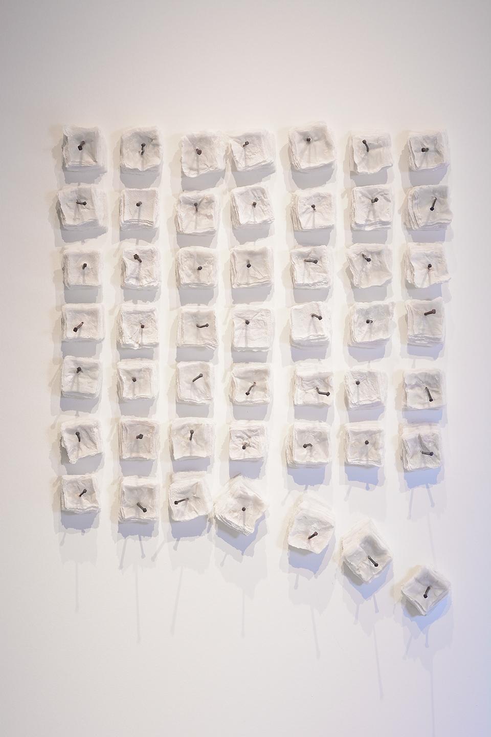 Cheryl Wilson Smith Abstract Sculpture - Promises and Lies: Keeping Score -  white grid glass frit wall sculpture