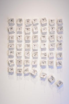 Promises and Lies: Keeping Score -  white grid glass frit wall sculpture