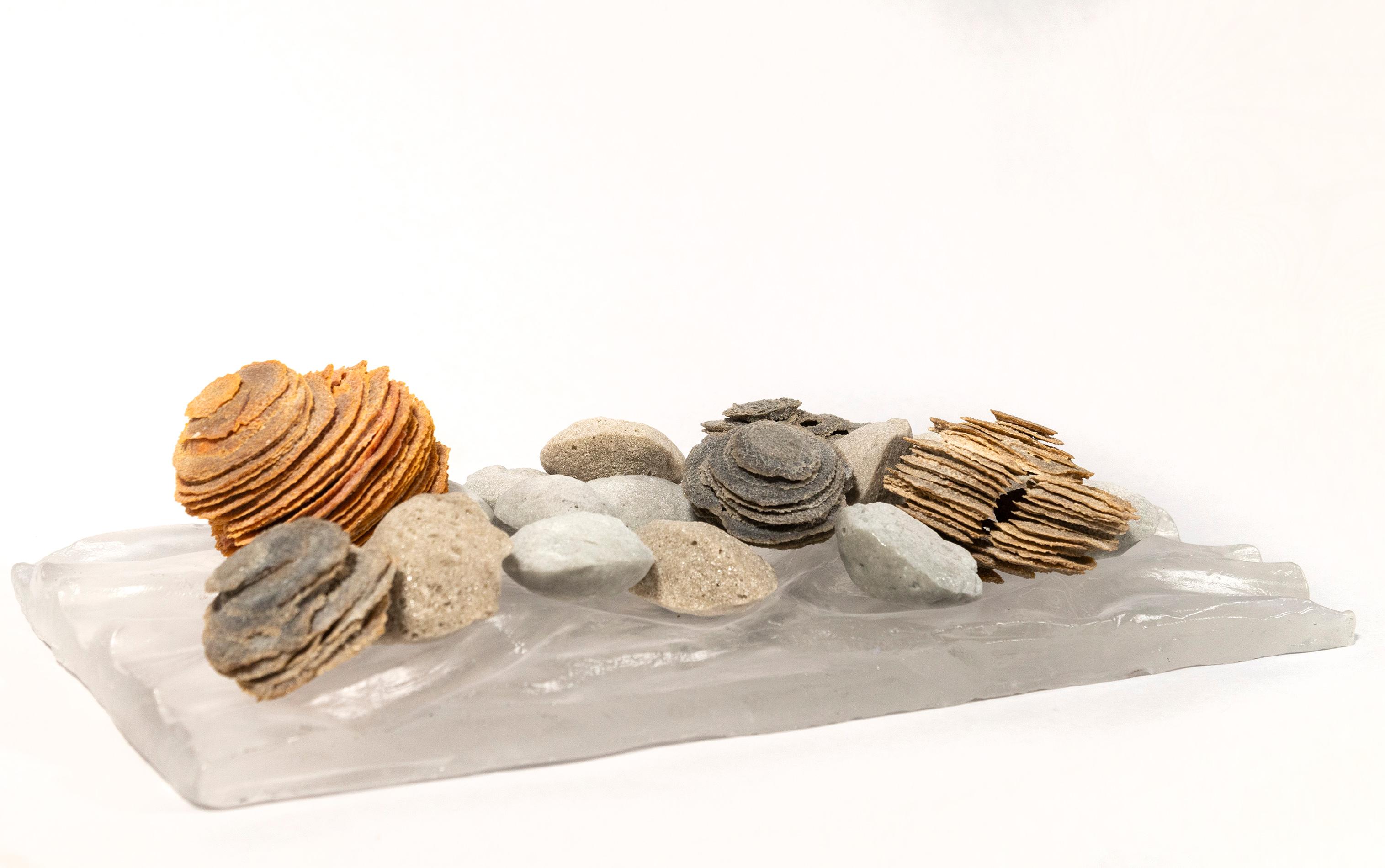 Reflections - textured, orange, grey, brown, layered glass table-top sculpture - Contemporary Sculpture by Cheryl Wilson Smith