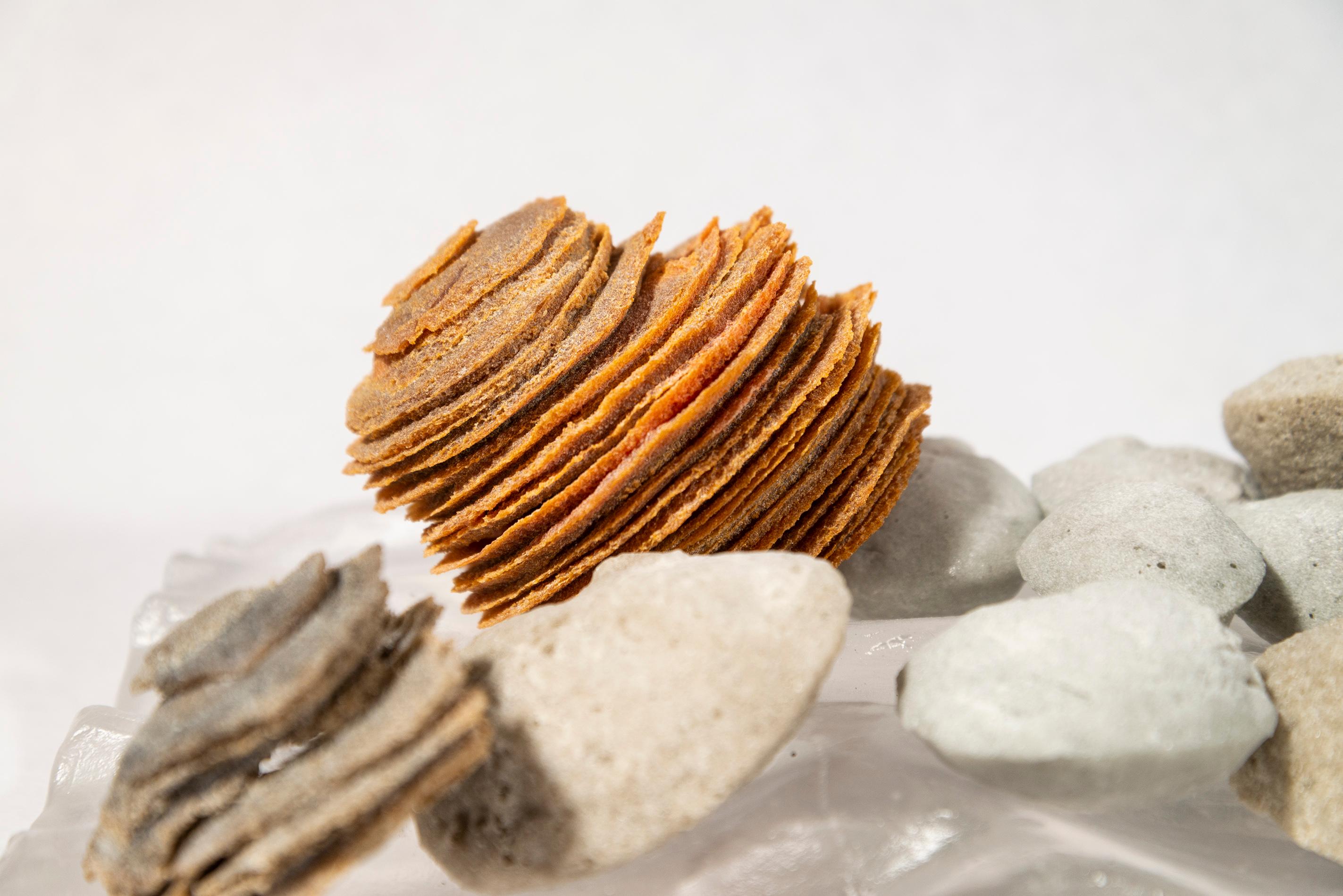 The beauty of a clear, cool stream—the water rippling beneath a bed of rocks is captured in this dynamic tabletop sculpture by Cheryl Wilson Smith. The glass artist finds inspiration in the rugged, rocky landscape that surrounds her home. This piece