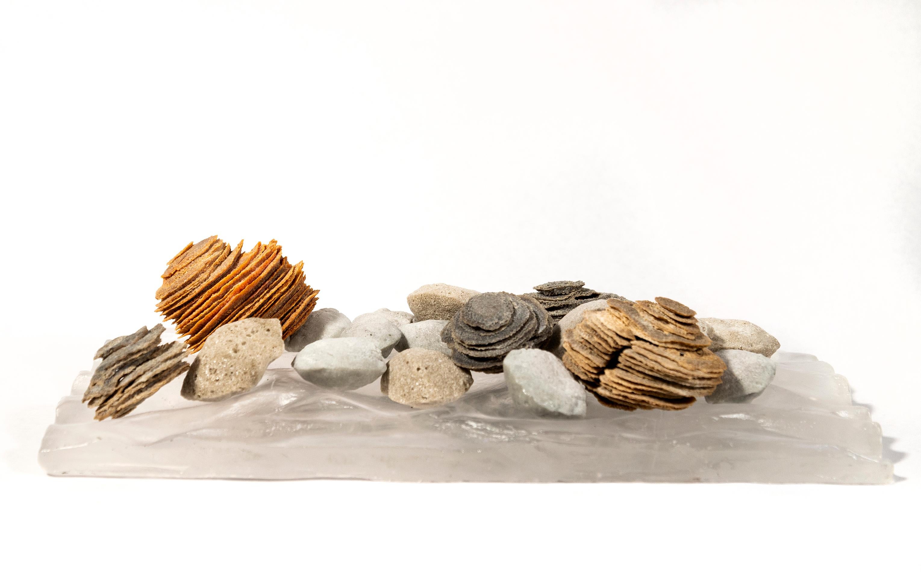 Reflections - textured, orange, grey, brown, layered glass table-top sculpture - Sculpture by Cheryl Wilson Smith