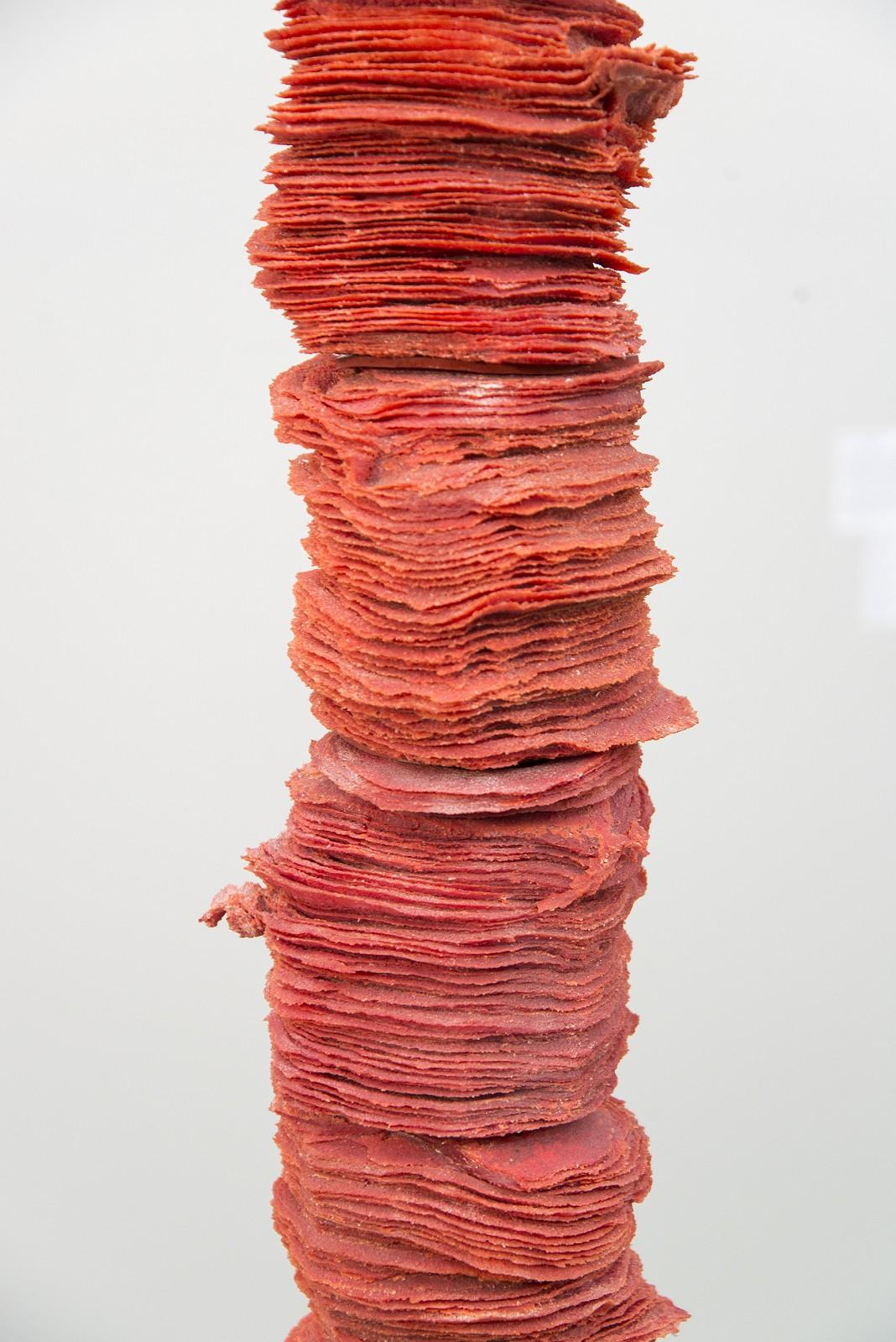 Paper-thin layers of deep red glass frit (special ground glass) are carefully stacked and fused in these striking columns created by Canadian artist Cheryl Wilson-Smith.

The measurements of each column are all 12 inches in width and depth and vary