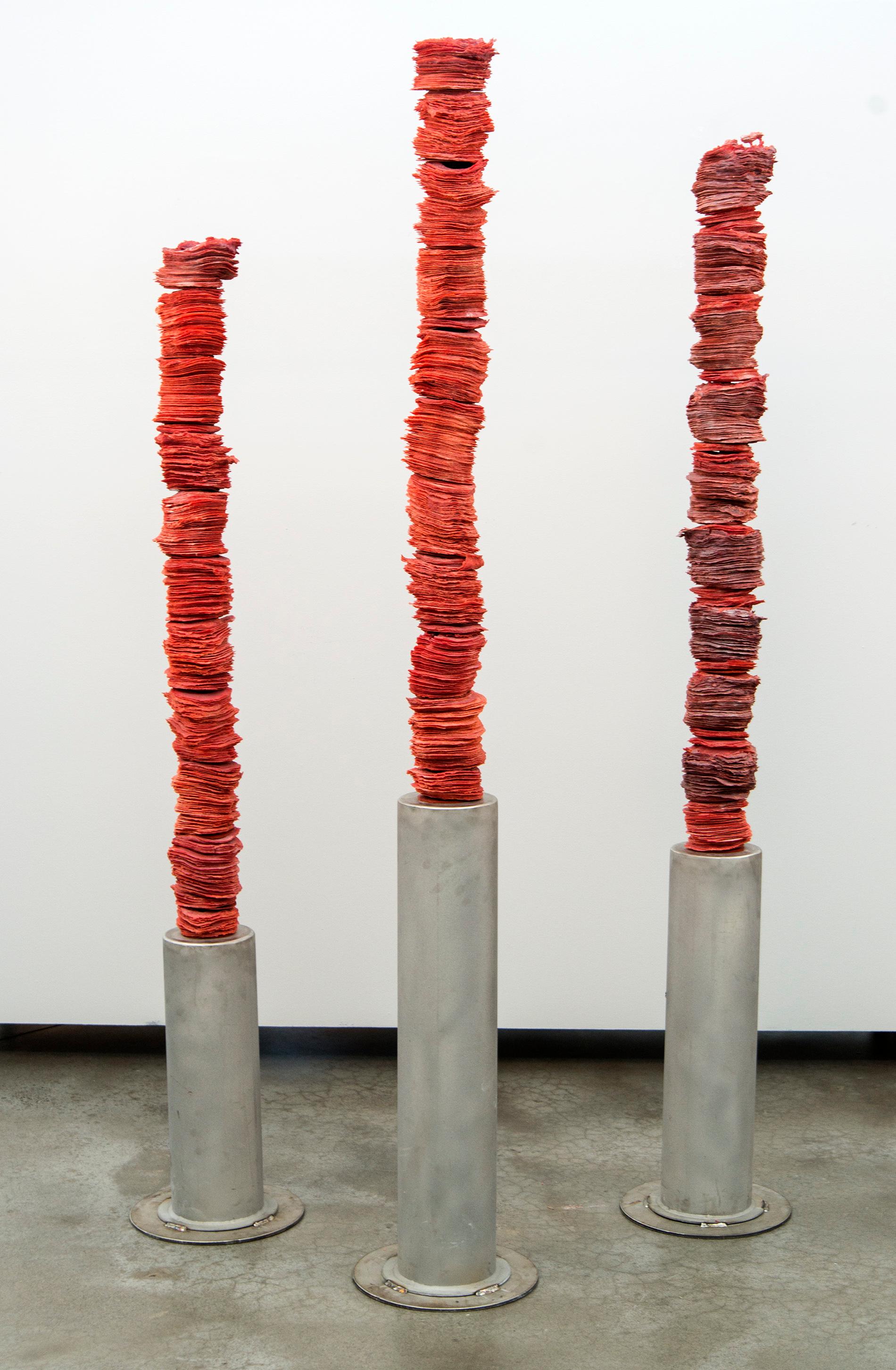 Rising Trio - tall, dynamic, textured, red, glass columns sculpture For Sale 2