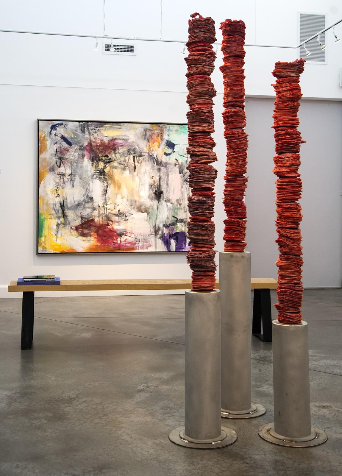 Rising Trio - tall, dynamic, textured, red, glass columns sculpture For Sale 3