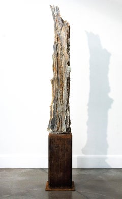 Stoic - tall, dynamic, textured, grey, yellow, rust, layered glass sculpture
