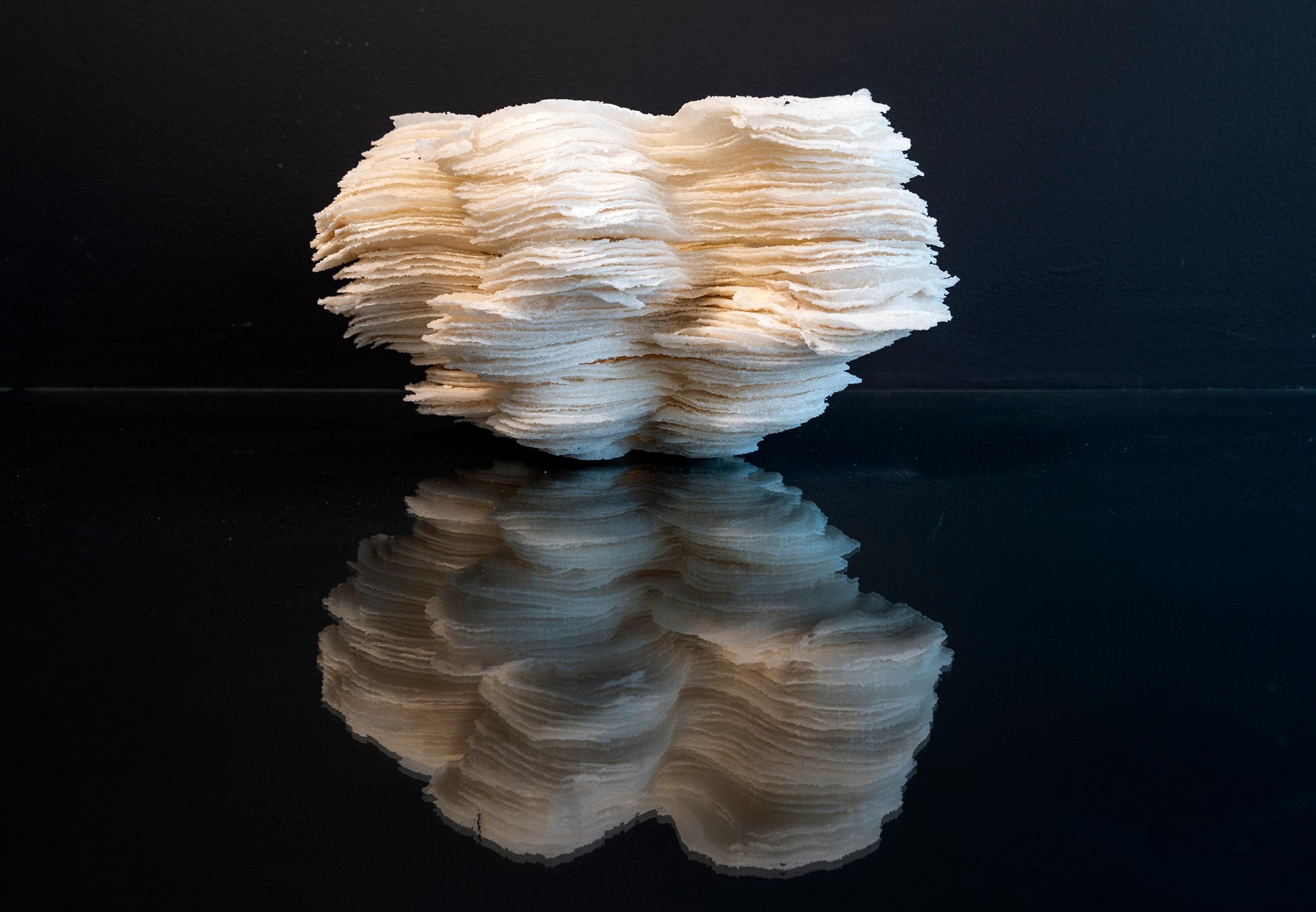 Cheryl Wilson Smith Abstract Sculpture - Winters Airc - white, textured, layered glass, table-top sculpture