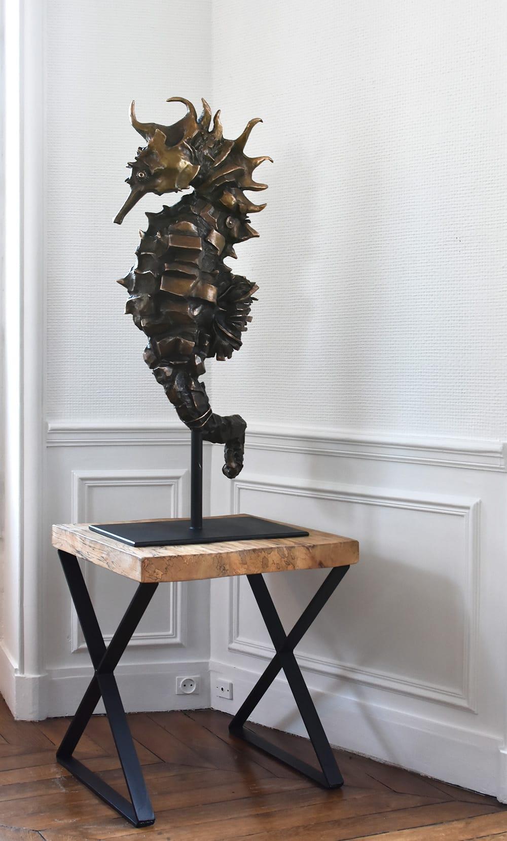Hippocampe Rex Gold de Chésade - Sculpture en bronze animalier, animal de mer en vente 1