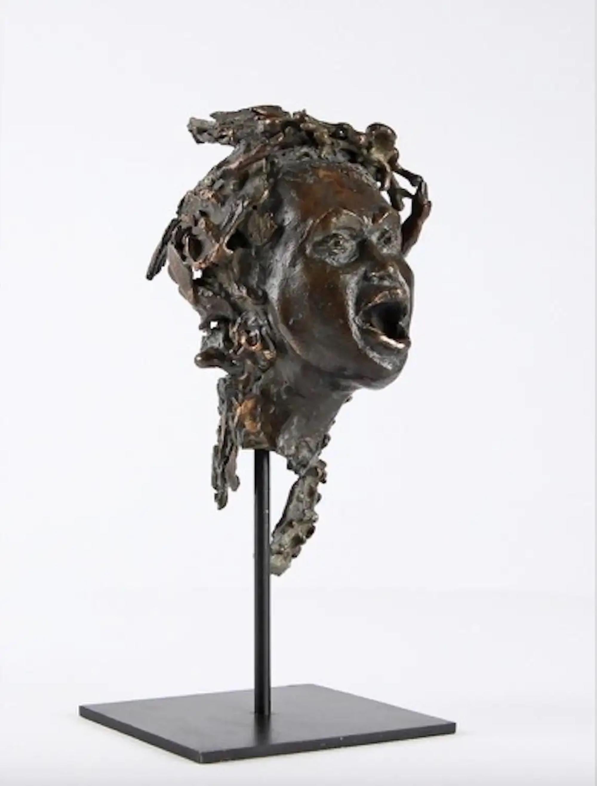 'The Storm' is a unique bronze sculpture by French contemporary sculptor Chésade. Dimensions: 23 cm × 15 cm × 18 cm. These dimensions include the base and the rod. Height of the rod: 7,5 cm. Dimensions of the base: 8 L x 8 D cm. 
Chésade's bronze