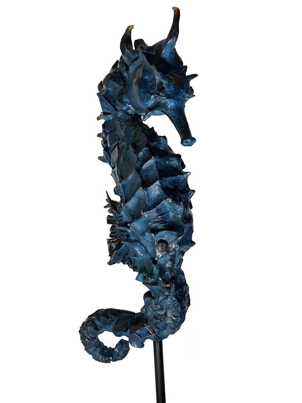 Ultramarine Rex Seahorse is a 45-inch high bronze sculpture by French contemporary artist Chésade. This one-off sculpture is representative of the sculptor's interest in the marine world.
The specified dimensions include the stand and the shaft.