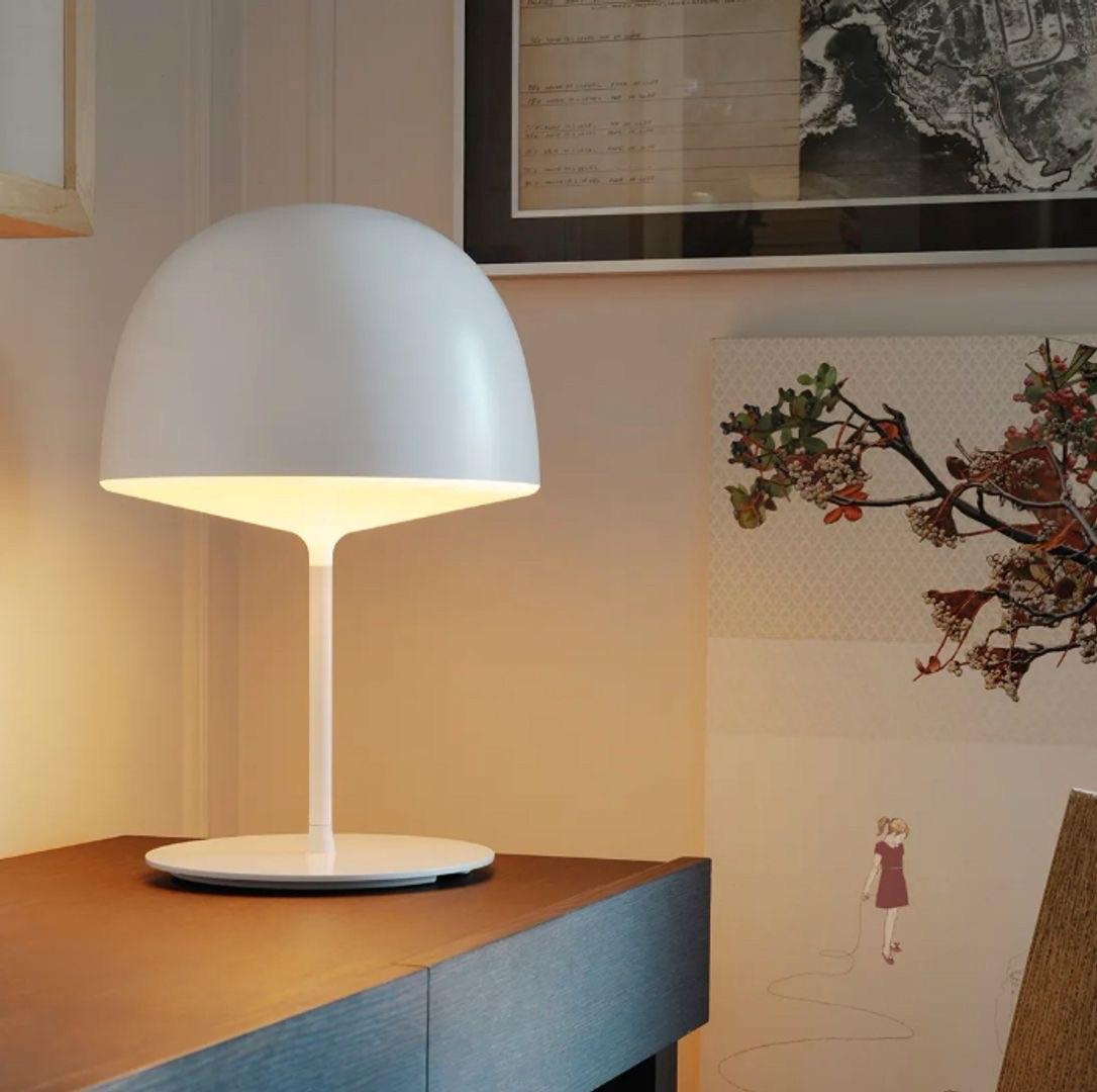 Elle fait écho à l'empreinte nordique du Studio par sa simplicité et ses aspects fonctionnels. Le diffuseur en polycarbonate opalin assure un éclairage doux, tandis que le diffuseur coloré diffuse la lumière vers le bas dans les versions de table et