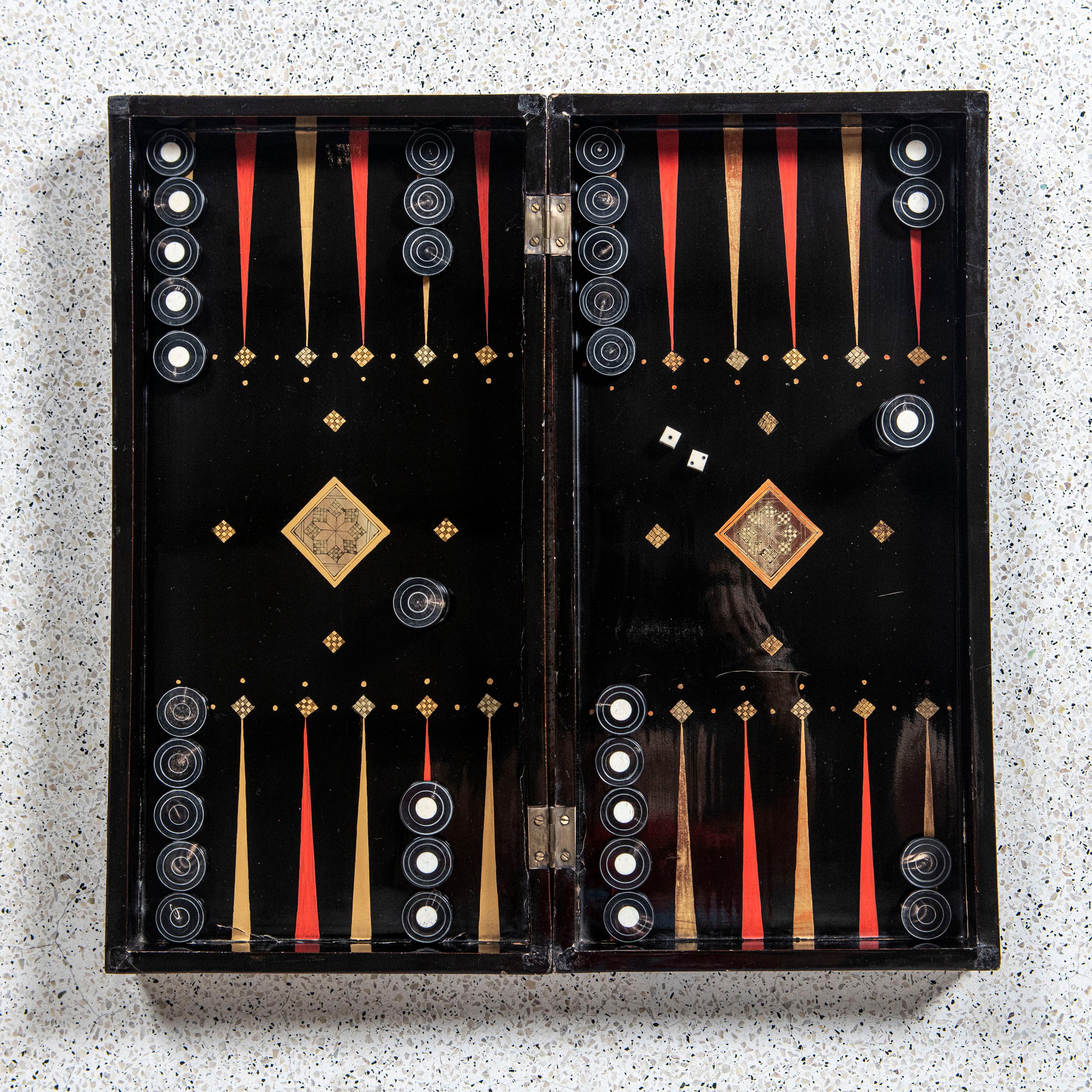 Chess and Backgammon Lacquered Wood Board, China, Late 19th Century. For Sale 4