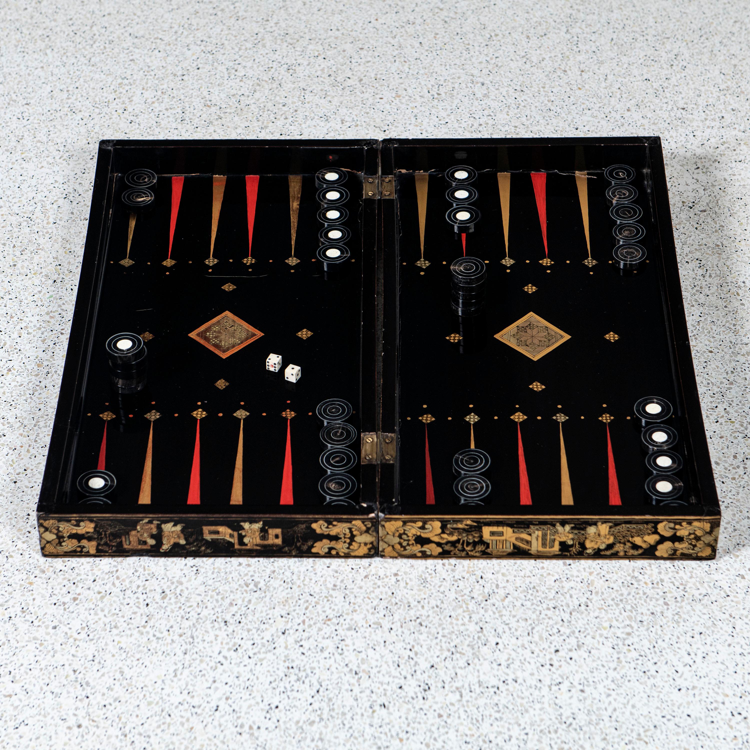 Chess and Backgammon Lacquered Wood Board, China, Late 19th Century. For Sale 5