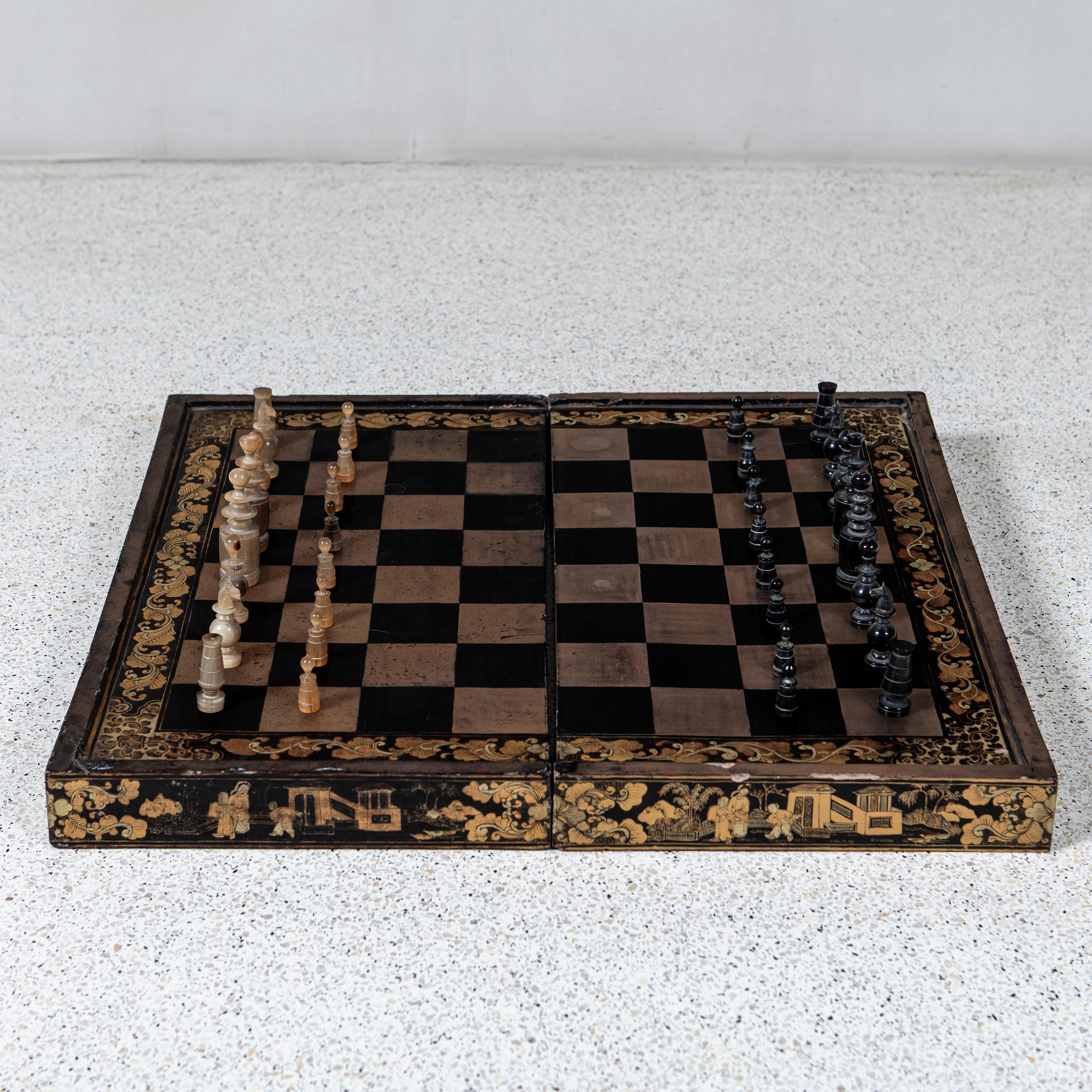 Chinoiserie Chess and Backgammon Lacquered Wood Board, China, Late 19th Century. For Sale