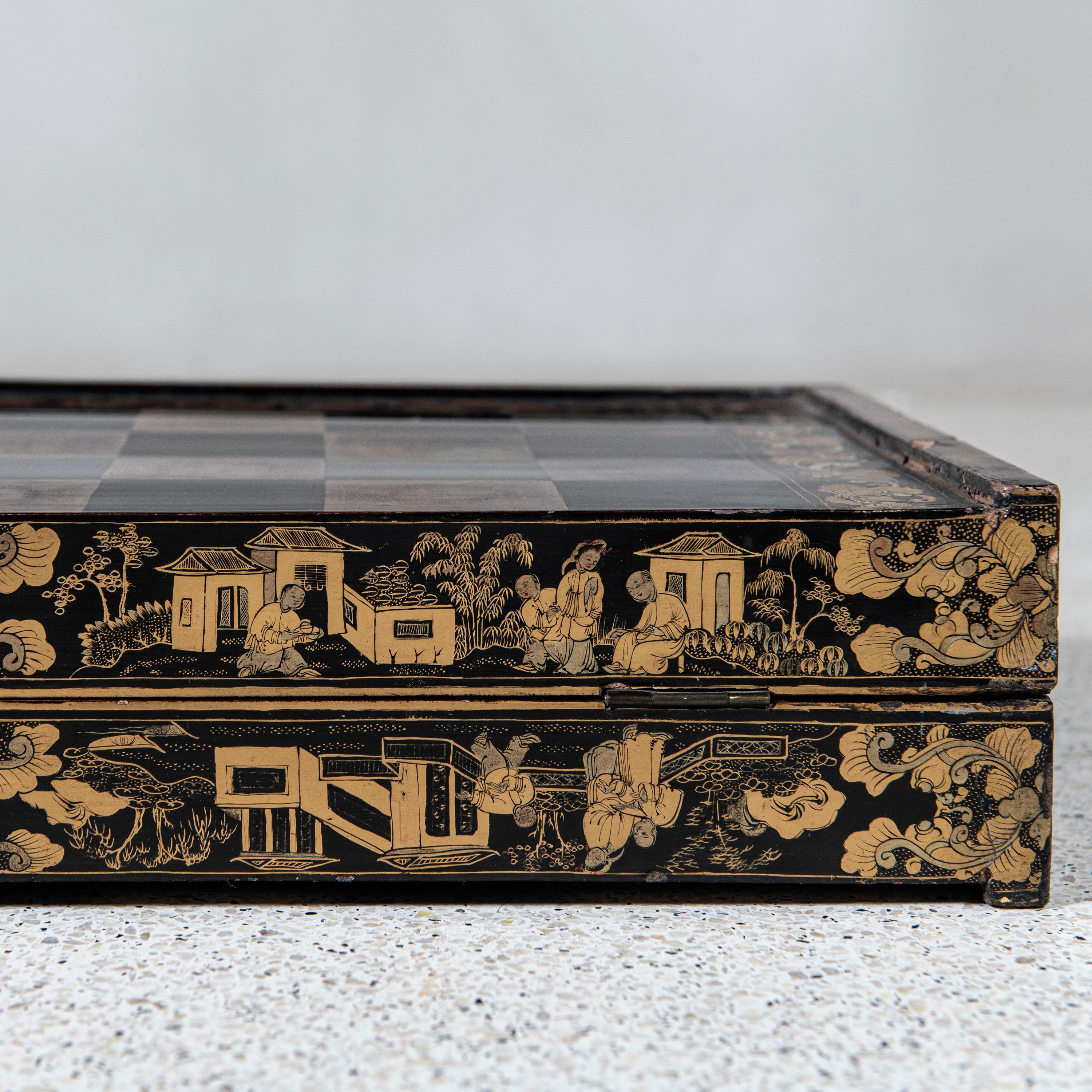 Chess and Backgammon Lacquered Wood Board, China, Late 19th Century. For Sale 1