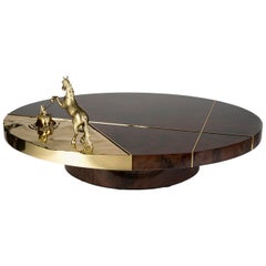 Contemporary Chess Round Center Table in Polished Brass and Walnut Root Veneer