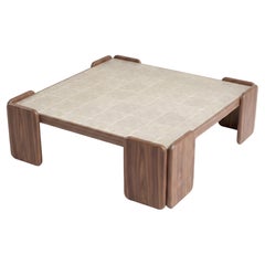 Chess center table with sand pattern handmade tiles and natural walnut