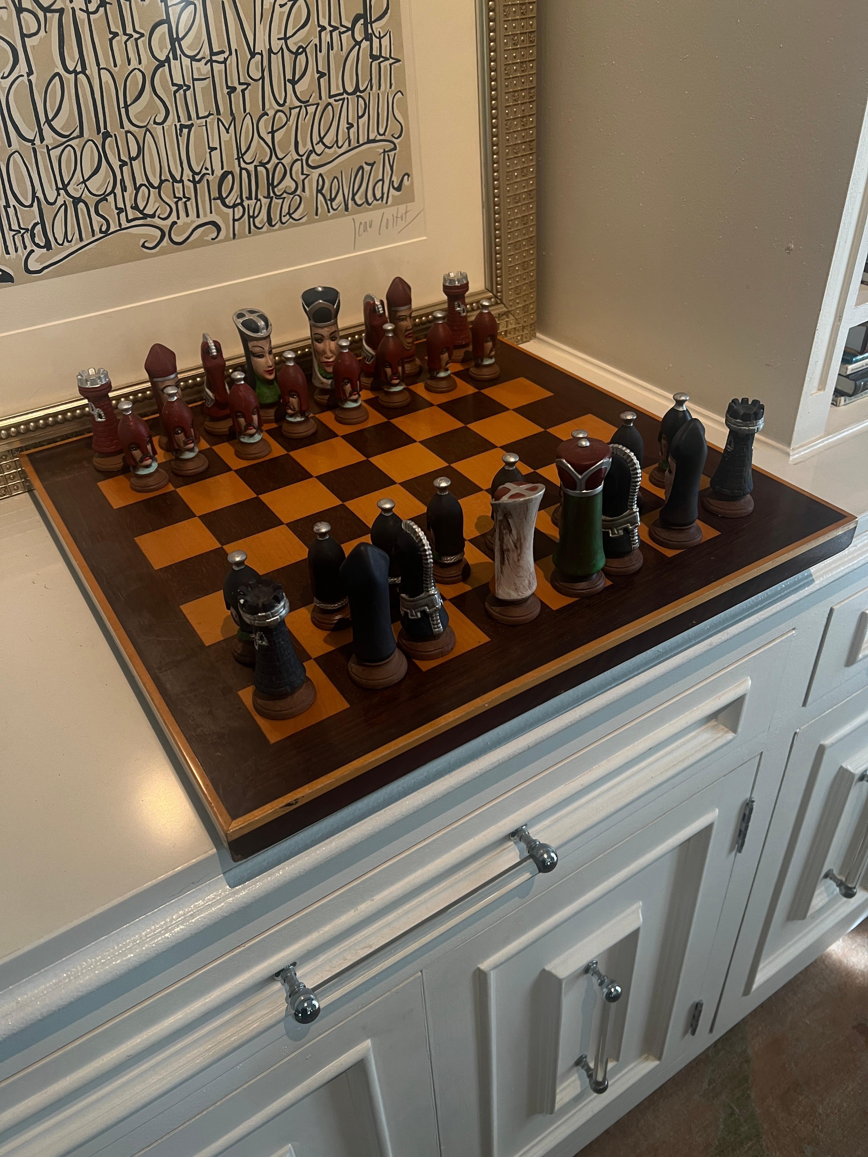 Chess Checker Board with Hand Crafted Ceramic Chess Pieces For Sale 1