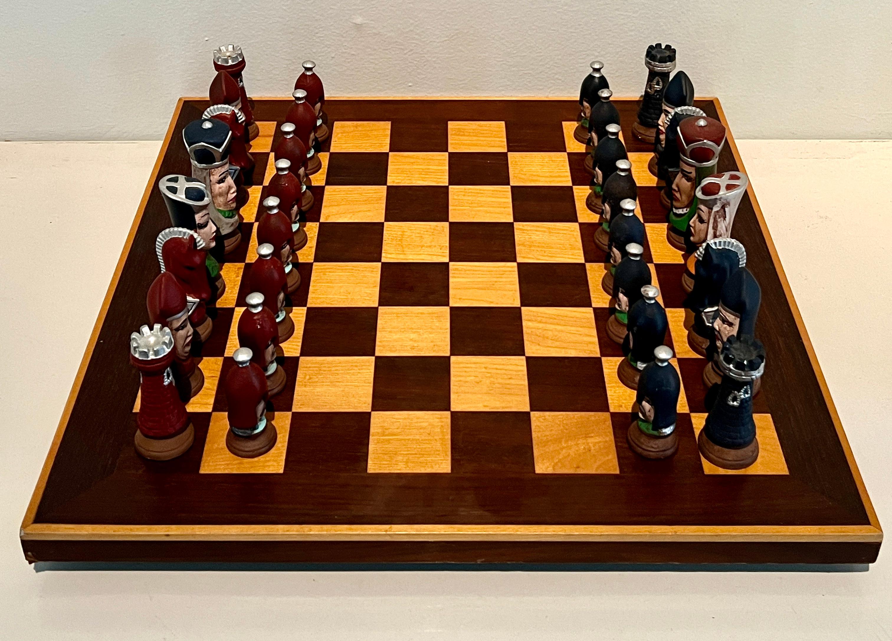 Chess Checker Board with Hand Crafted Ceramic Chess Pieces For Sale 4