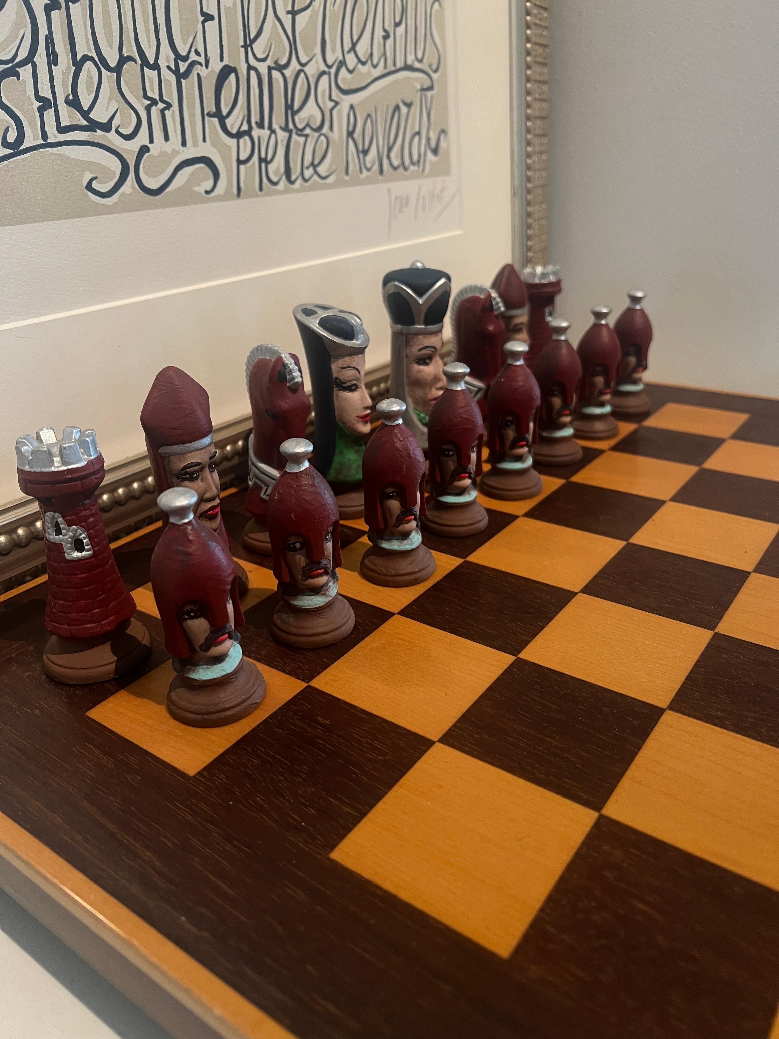 Chess Checker Board with Hand Crafted Ceramic Chess Pieces For Sale 5