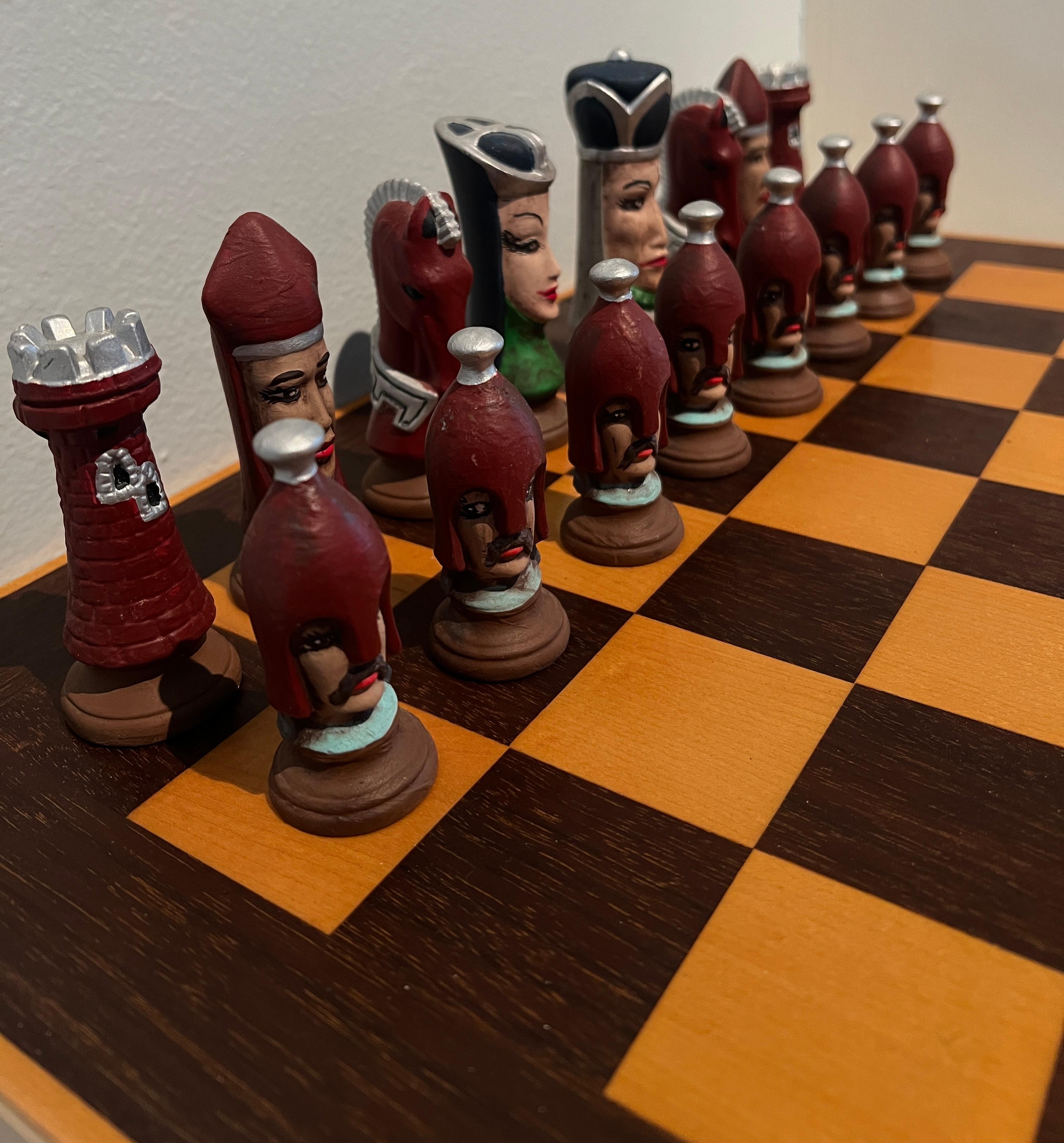 Chess Checker Board with Hand Crafted Ceramic Chess Pieces For Sale 6