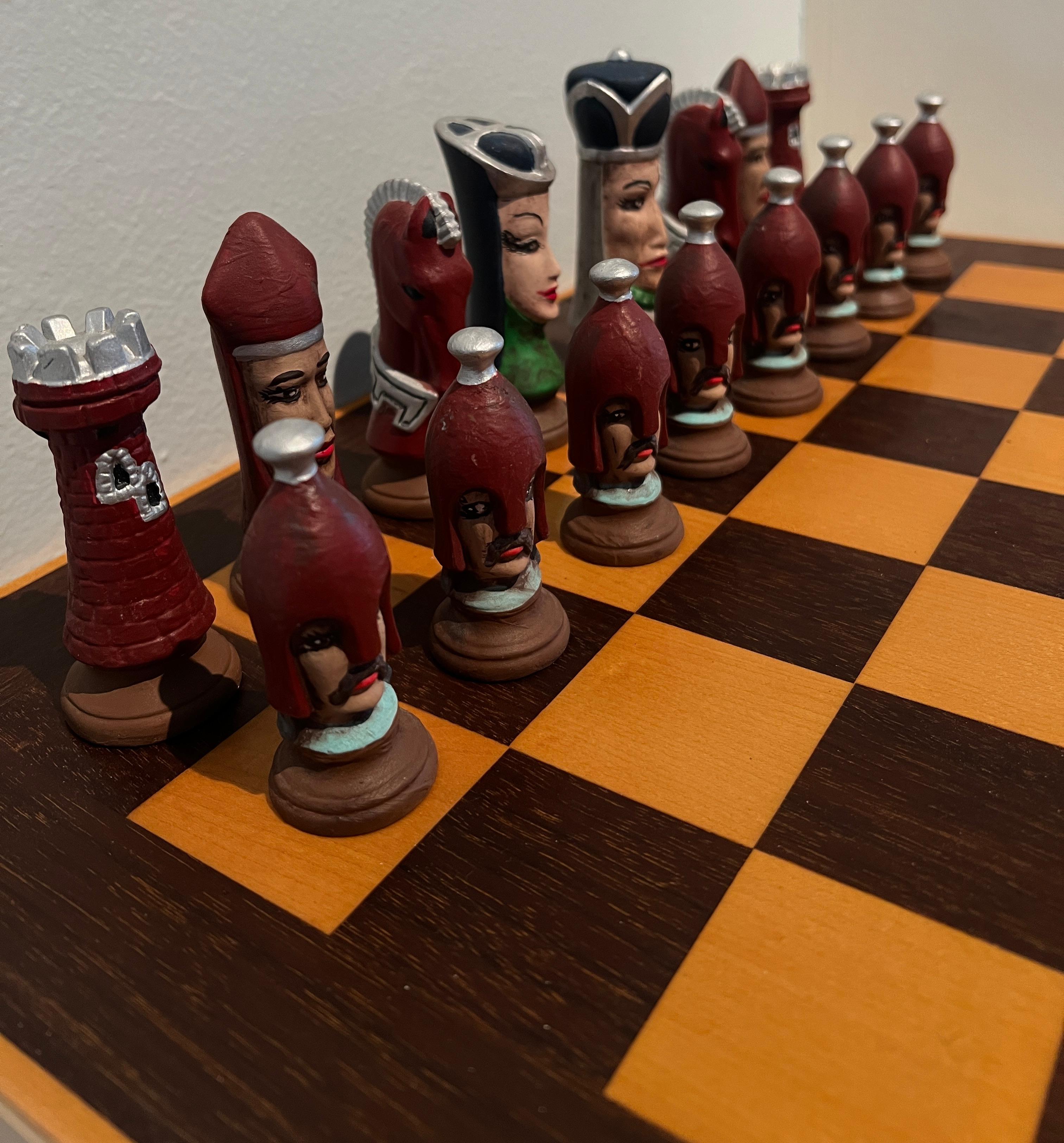 Chess Checker Board with Hand Crafted Ceramic Chess Pieces For Sale 4