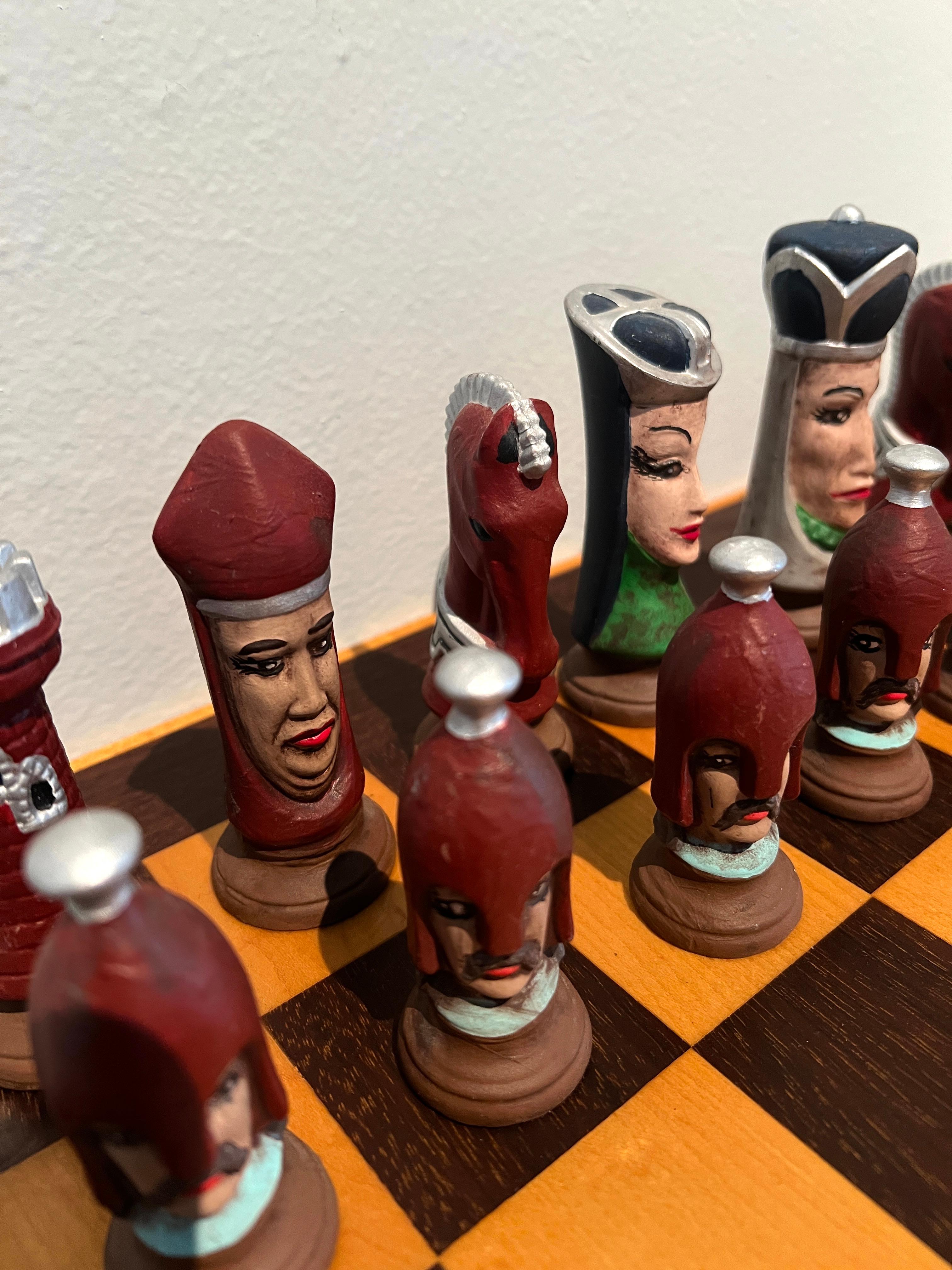 Chess Checker Board with Hand Crafted Ceramic Chess Pieces For Sale 8