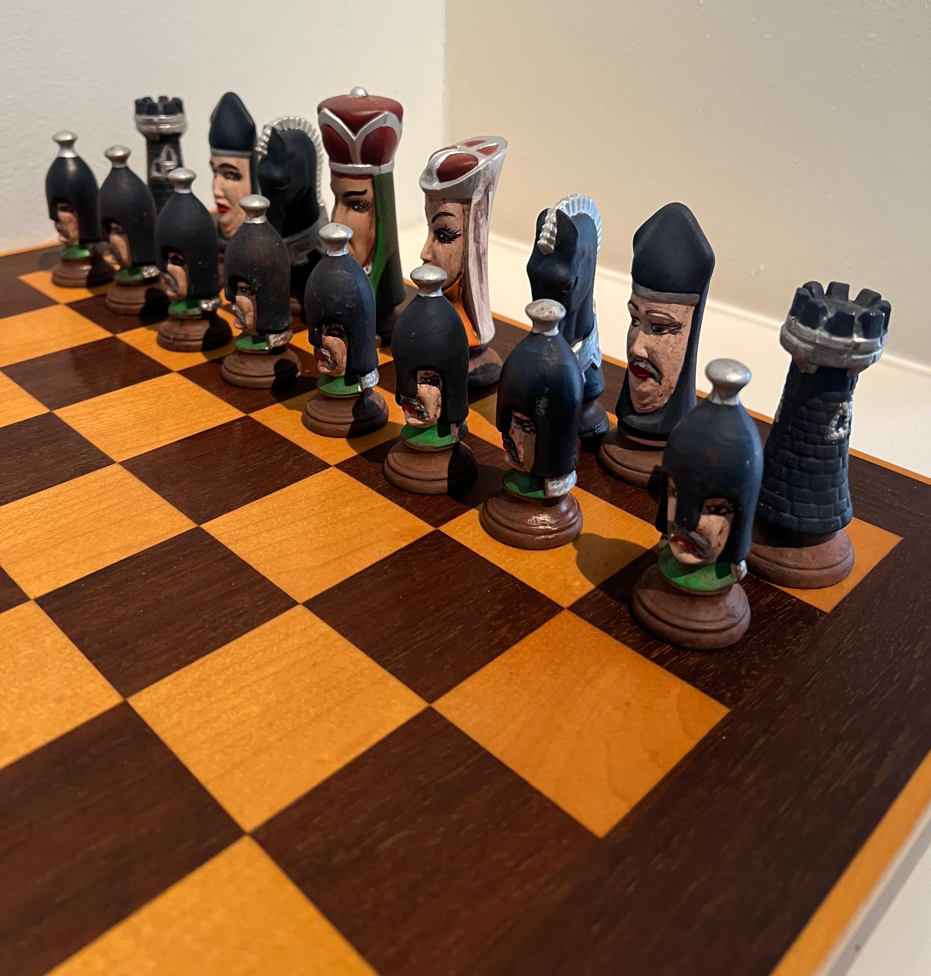 Chess Checker Board with Hand Crafted Ceramic Chess Pieces For Sale 9