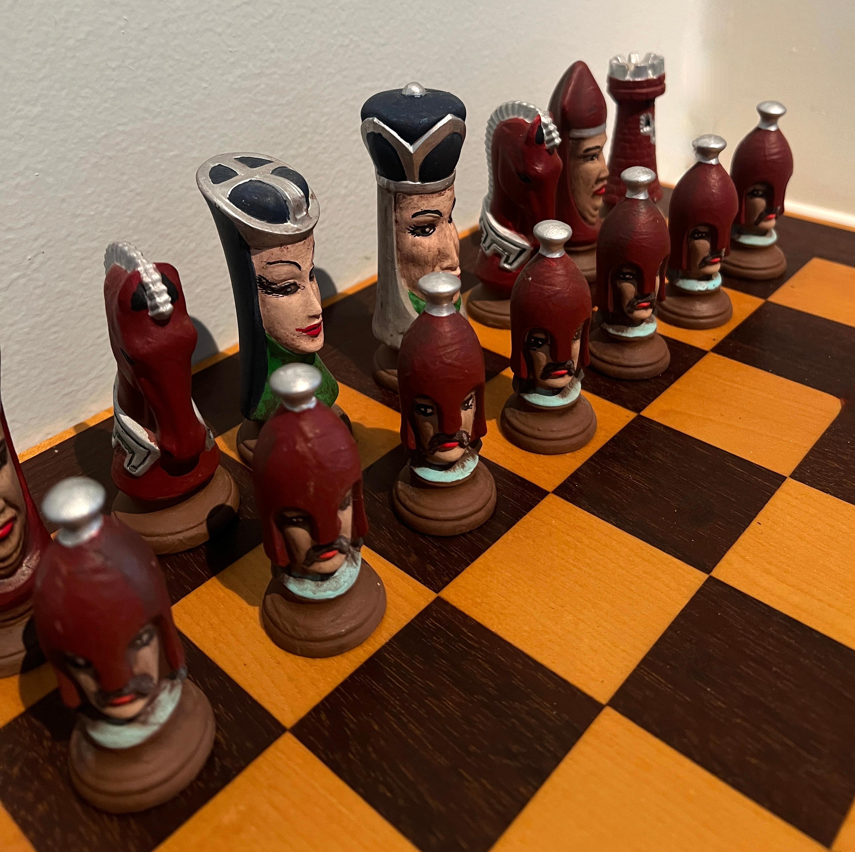 Modern Chess Checker Board with Hand Crafted Ceramic Chess Pieces For Sale