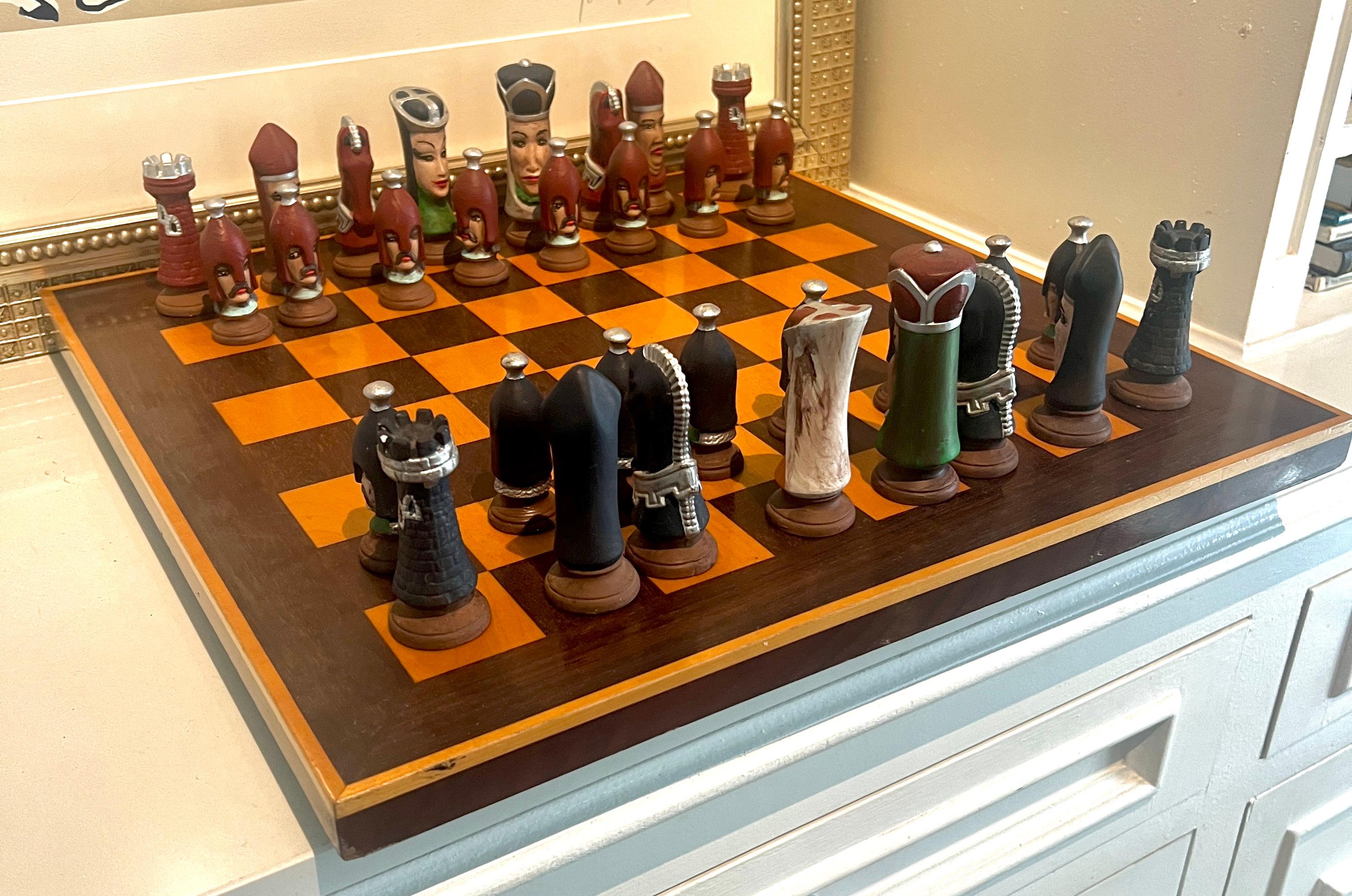Hand-Painted Chess Checker Board with Hand Crafted Ceramic Chess Pieces For Sale