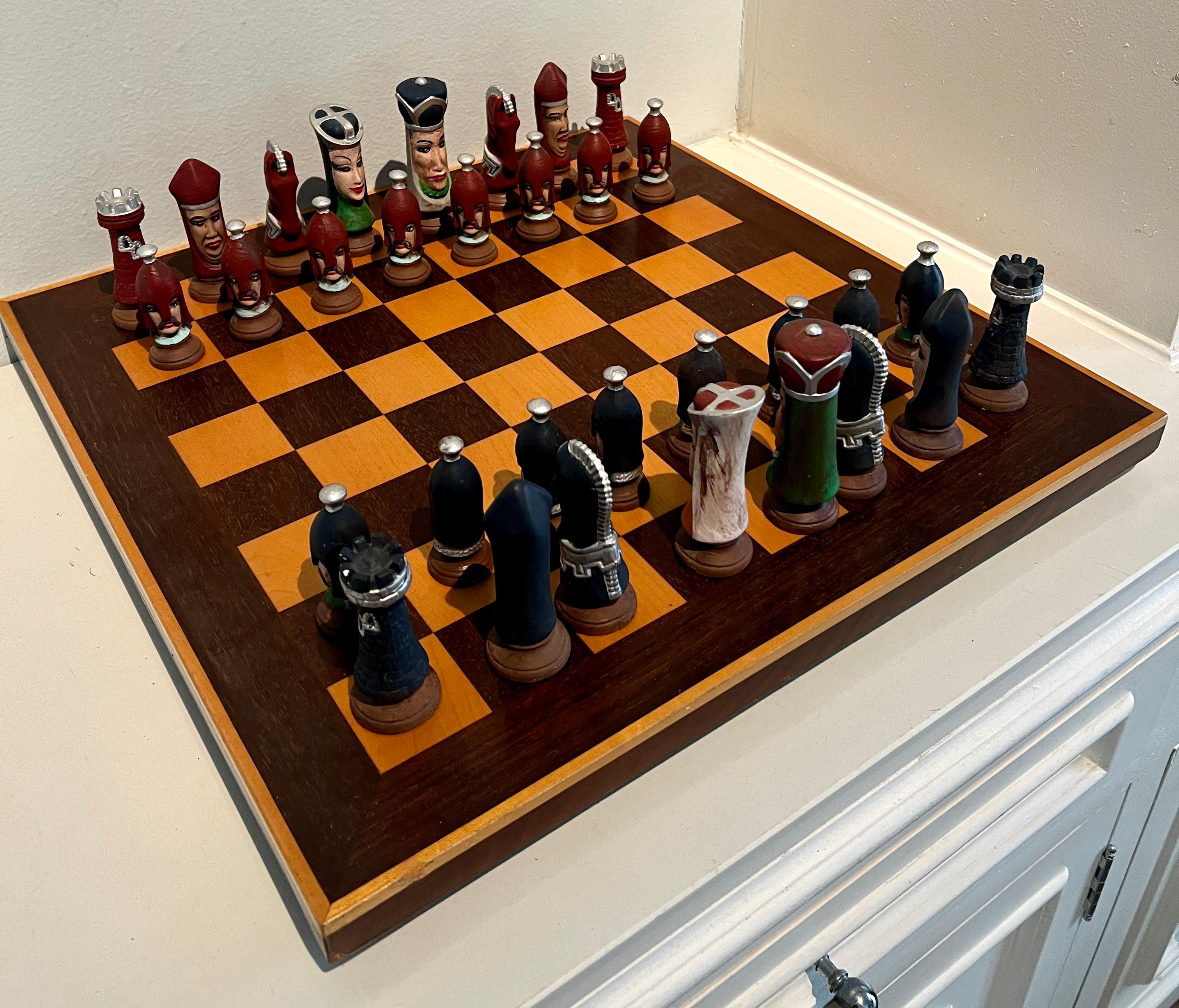 Chess Checker Board with Hand Crafted Ceramic Chess Pieces In Good Condition For Sale In Los Angeles, CA