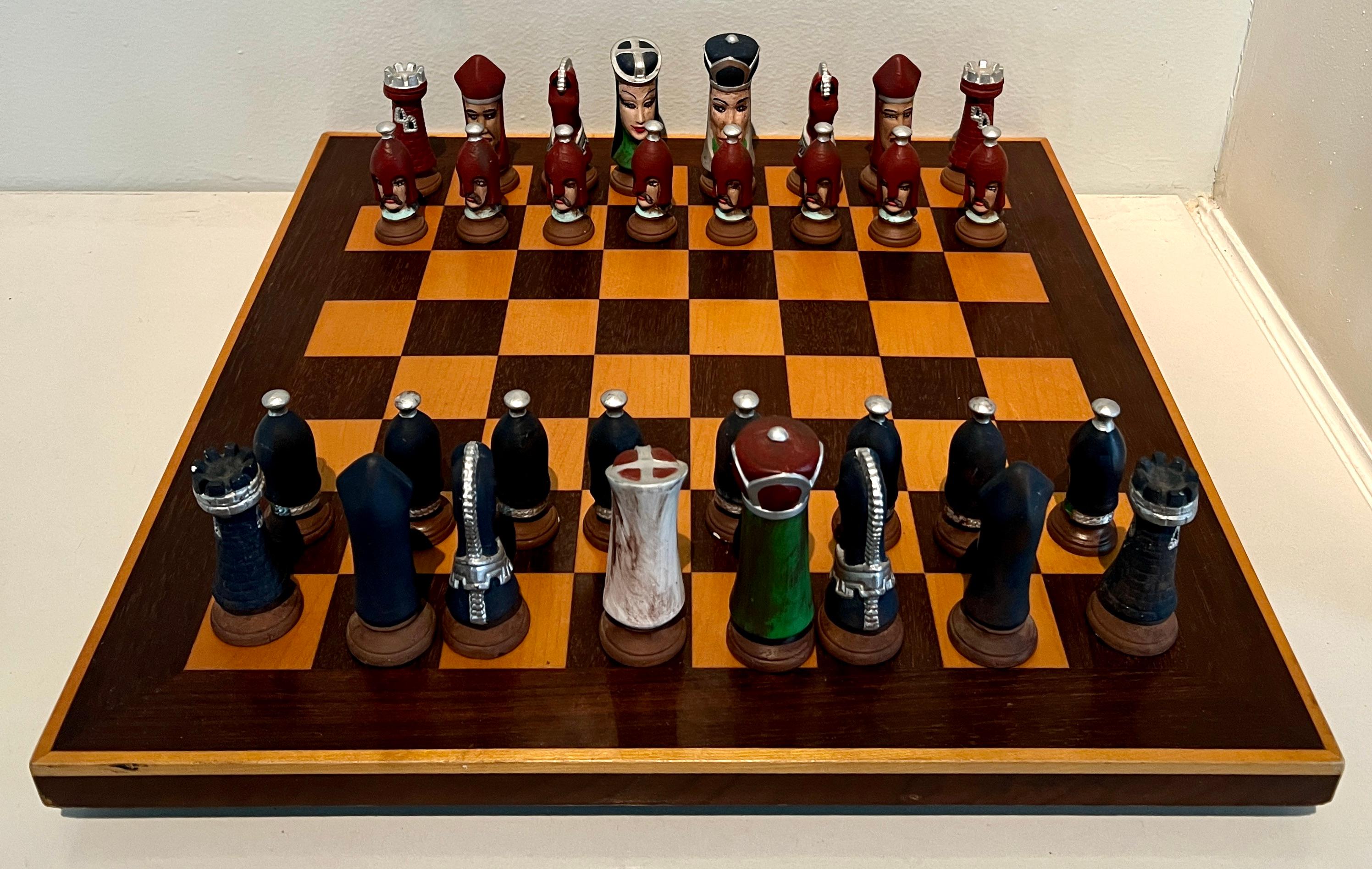 Modern Chess Checker Board with Hand Crafted Ceramic Chess Pieces For Sale