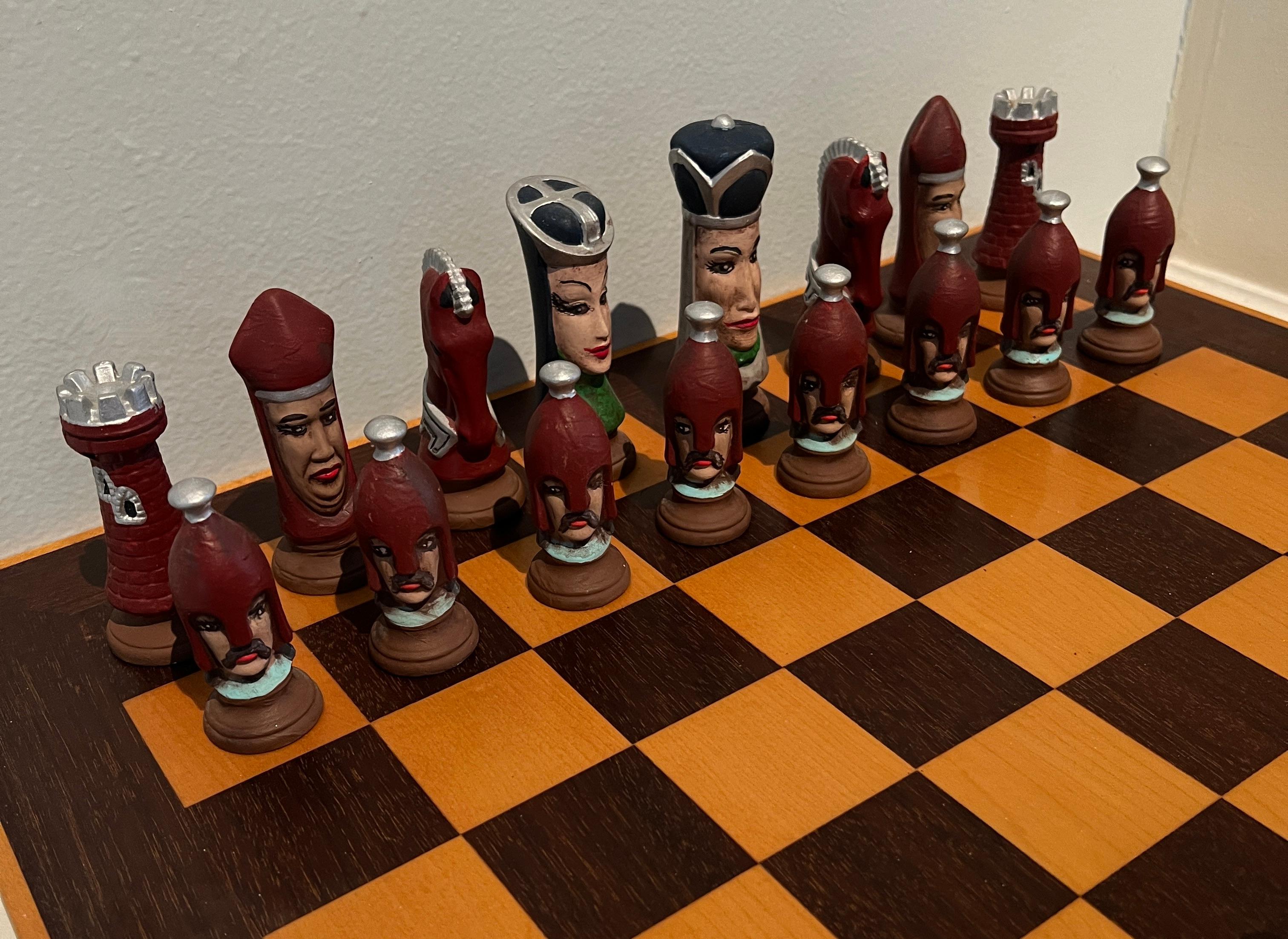 Wood Chess Checker Board with Hand Crafted Ceramic Chess Pieces For Sale