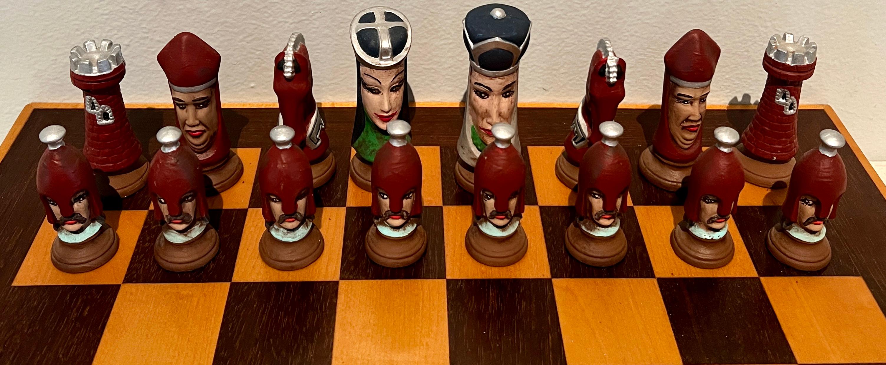 Chess Checker Board with Hand Crafted Ceramic Chess Pieces In Good Condition For Sale In Los Angeles, CA