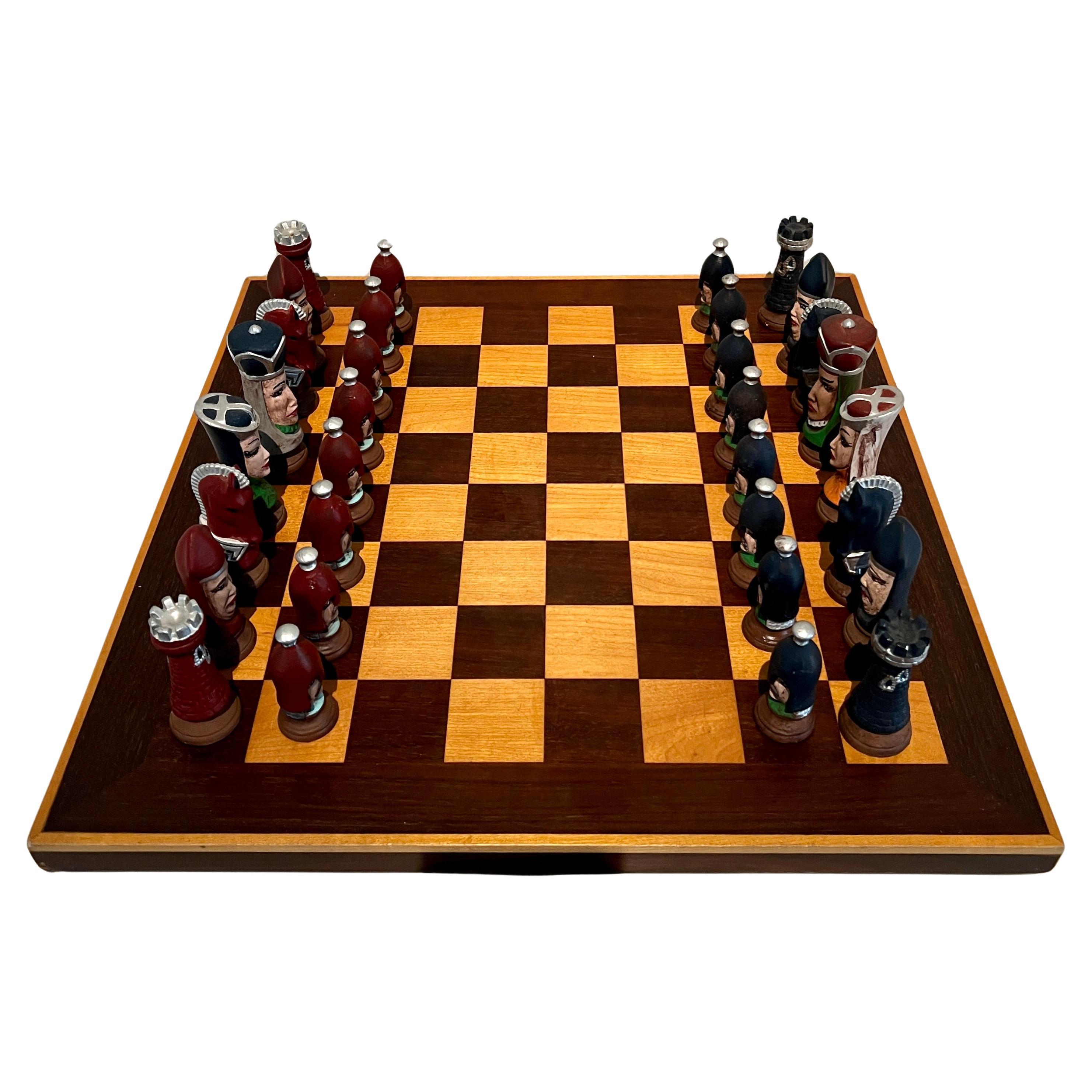 Chess Checker Board with Hand Crafted Ceramic Chess Pieces For Sale