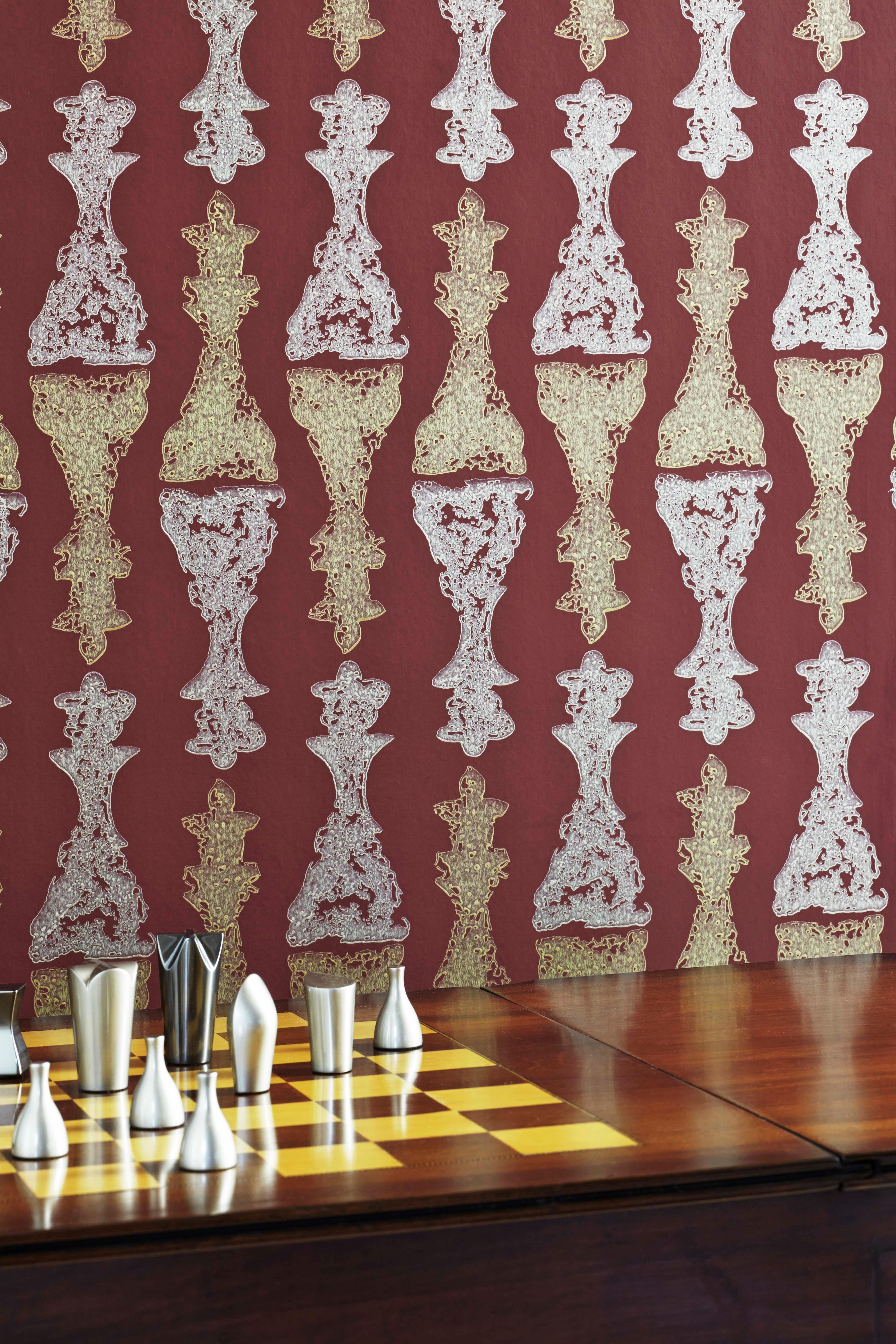 British 'Chess' Contemporary, Traditional Wallpaper in Burgundy For Sale
