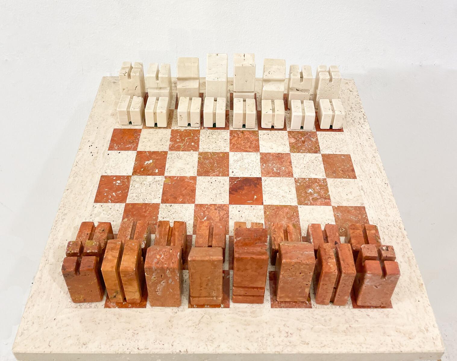 Italian Chess Game in Two Colored Travertine, Angelo Mangiarotti, Italy, 1970 For Sale