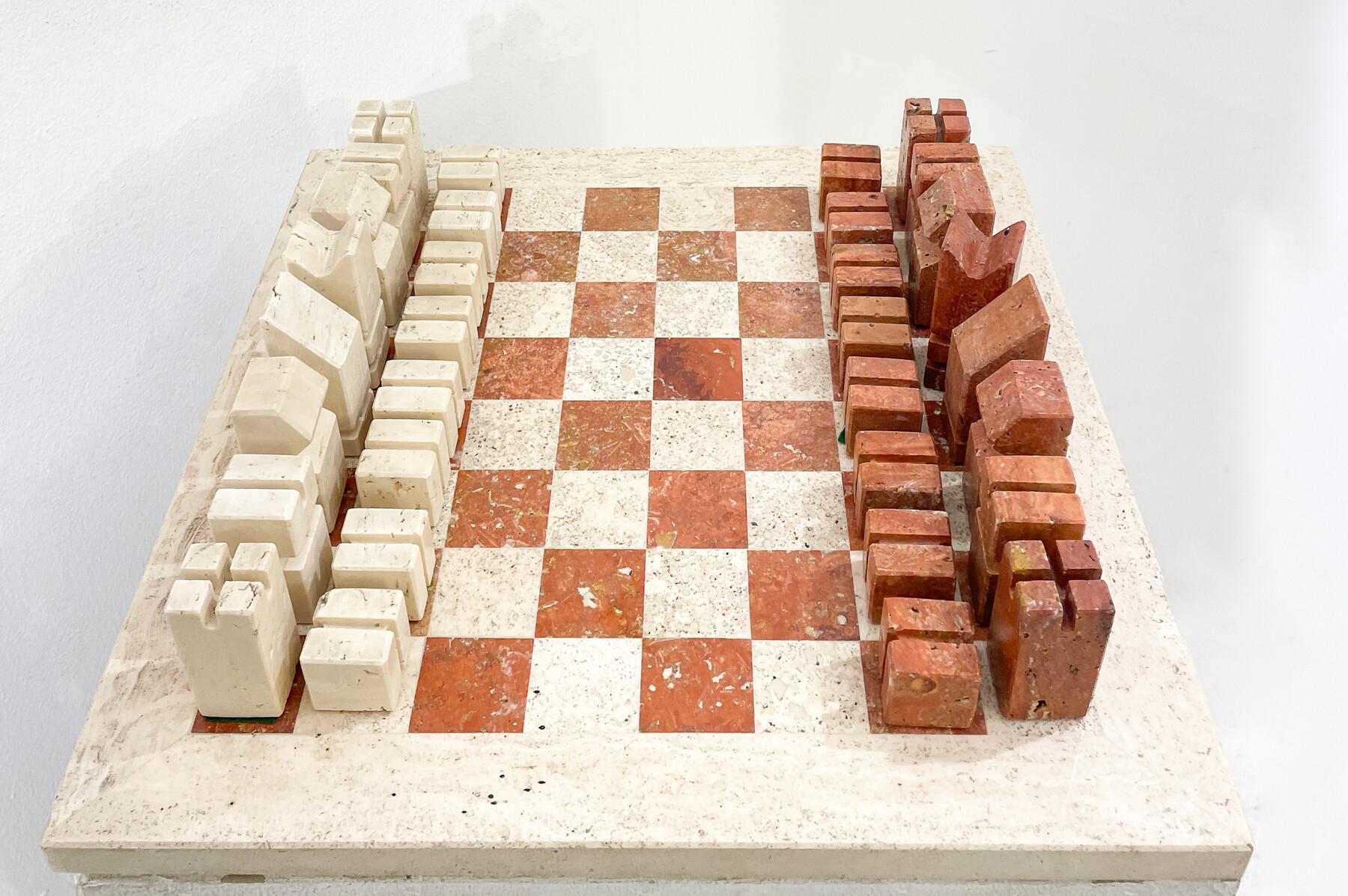 Chess Game in Two Colored Travertine, Angelo Mangiarotti, Italy, 1970 For Sale 1