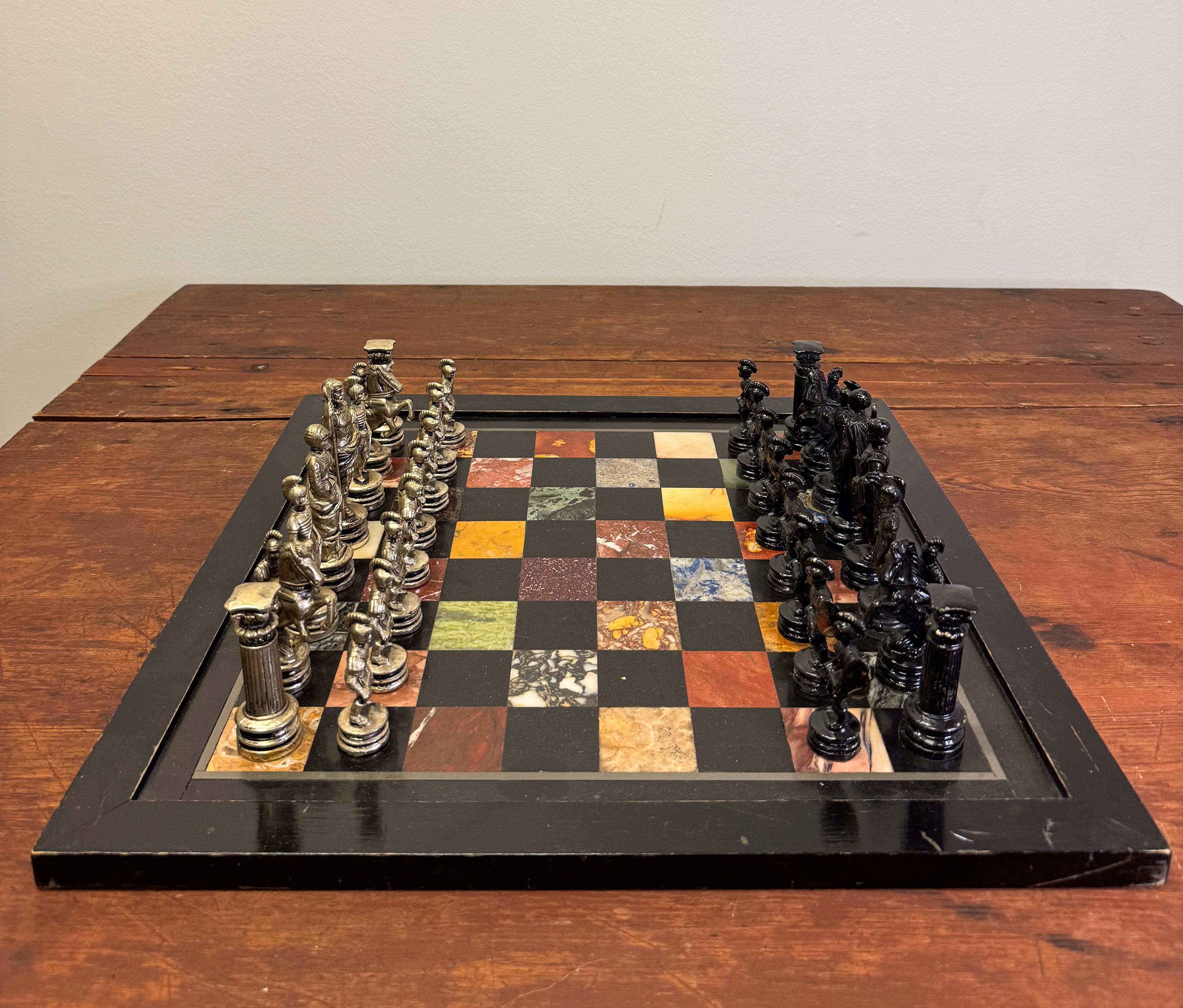Schachspielset - Pietra Dura Marmor 19. Jahrhundert Italien im Angebot 1