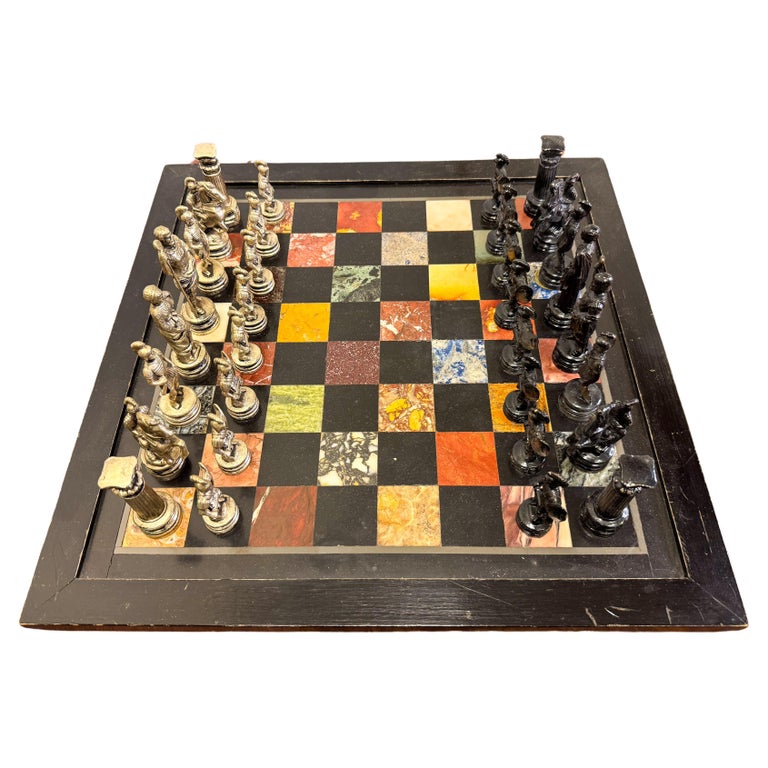 Chess Game Set Pietra Dura Marble 19th Century Italy For Sale at