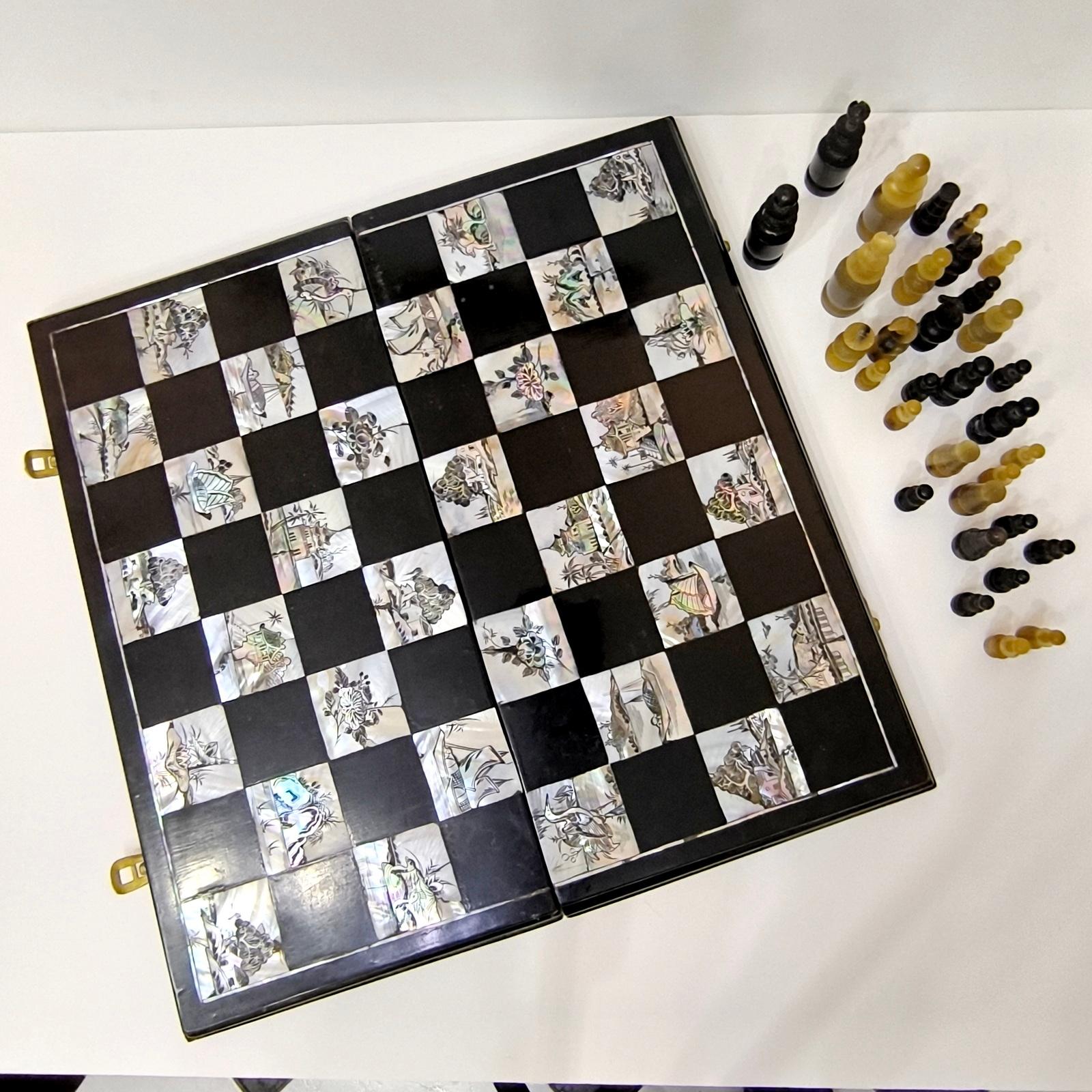 Asian Chess Game Set with Handmade Mother-of-Pearl Inlaid Chessboard Black Lacquered For Sale