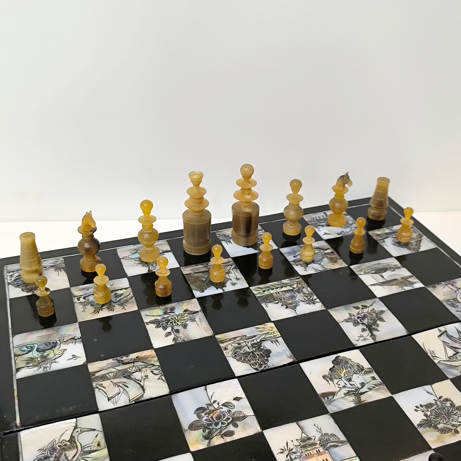 Plastic Chess Game Set with Handmade Mother-of-Pearl Inlaid Chessboard Black Lacquered For Sale