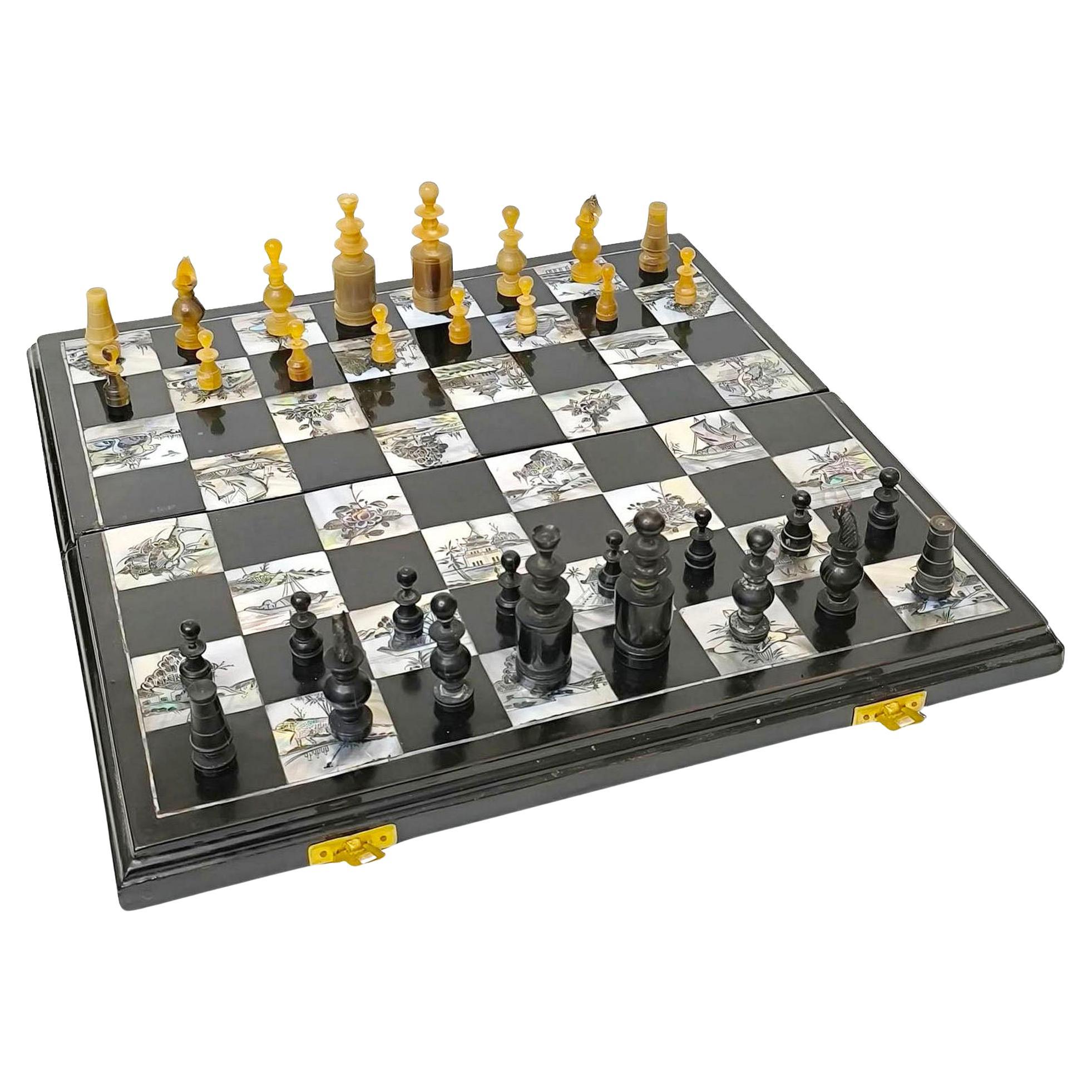 Chess Game Set with Handmade Mother-of-Pearl Inlaid Chessboard Black Lacquered