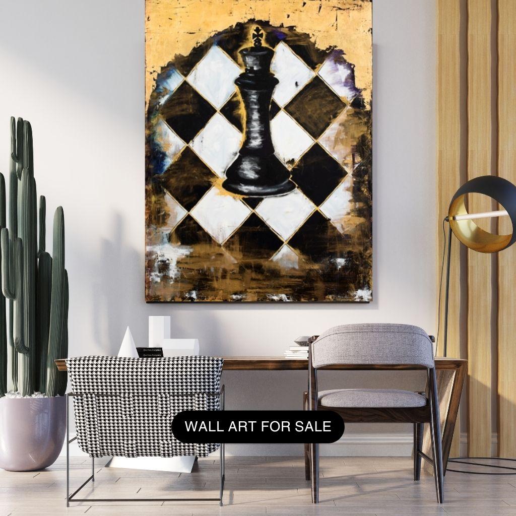 Reproduction-print of the original oil painting on exhibition-quality matte canvas. 
Professionally stretched and ready for display.

The original painting was created using oil paints and gold leaf as its medium. The Chess King represents one part