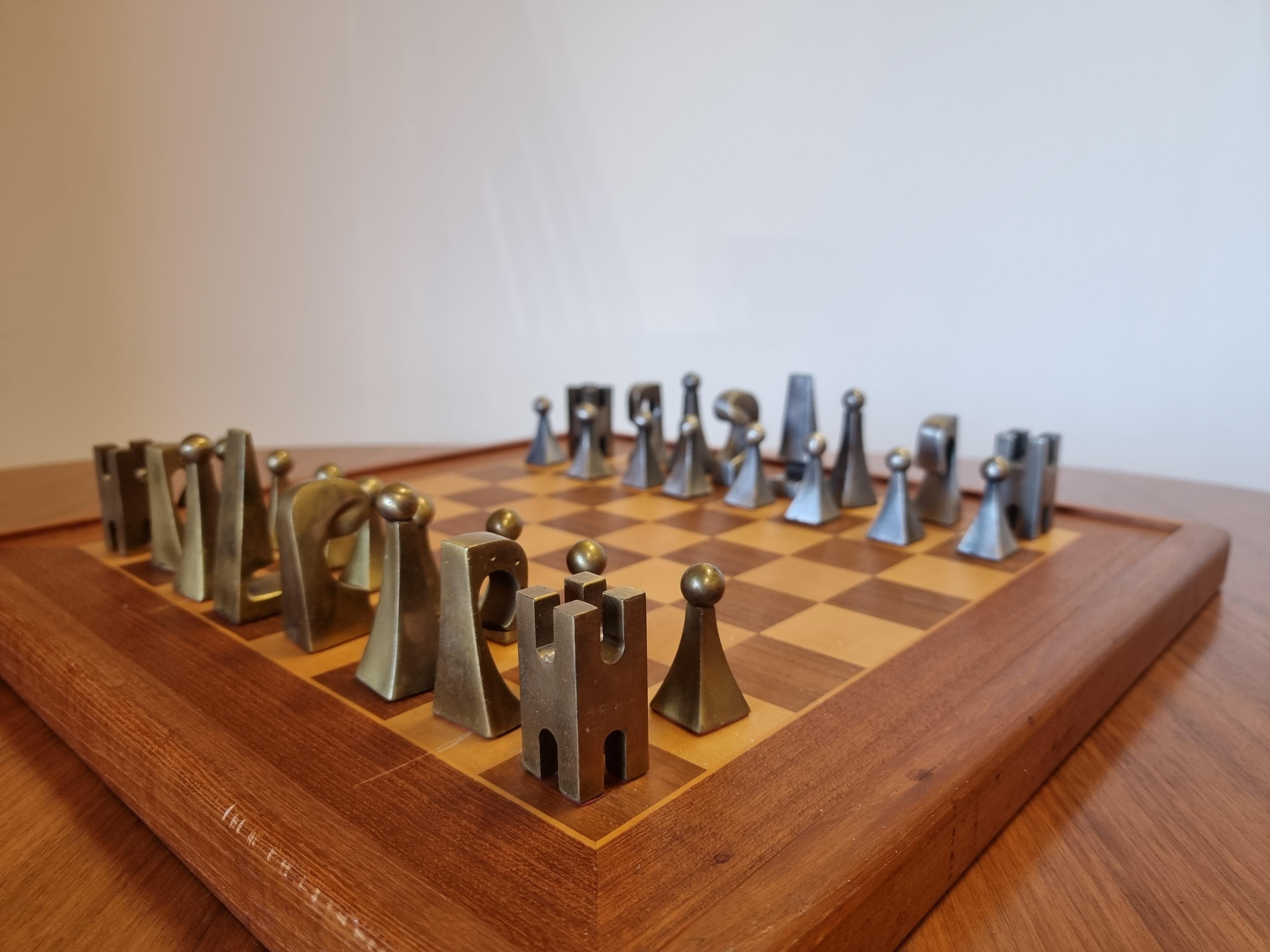 Mid-20th Century Chess Pieces, Brass and Pewter, France Mid-Century Modern, Attr. Pierre Cardin
