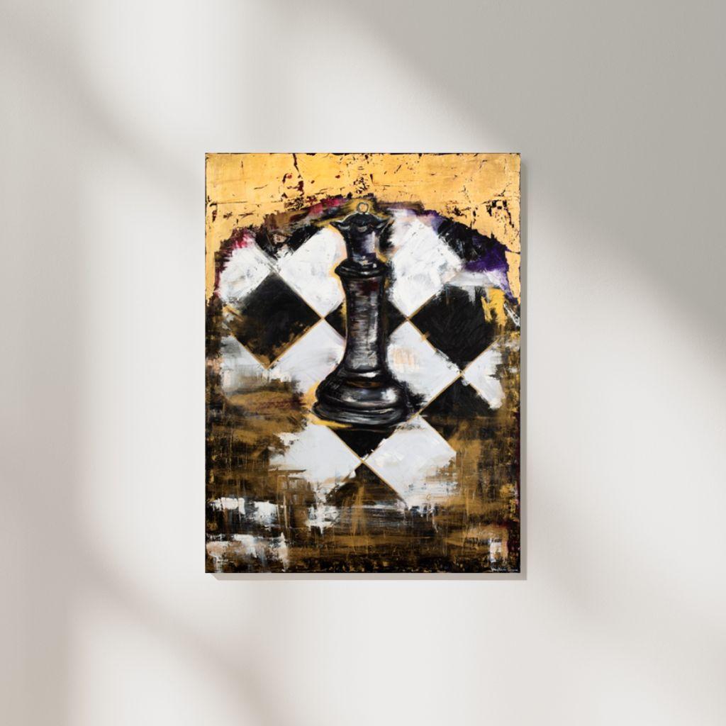 Reproduction- print of the original oil painting on exhibition-quality matte canvas. 
Professionally stretched and ready for display.

The original painting was created using oil paints and gold leaf as its medium. The Chess Queen represents one
