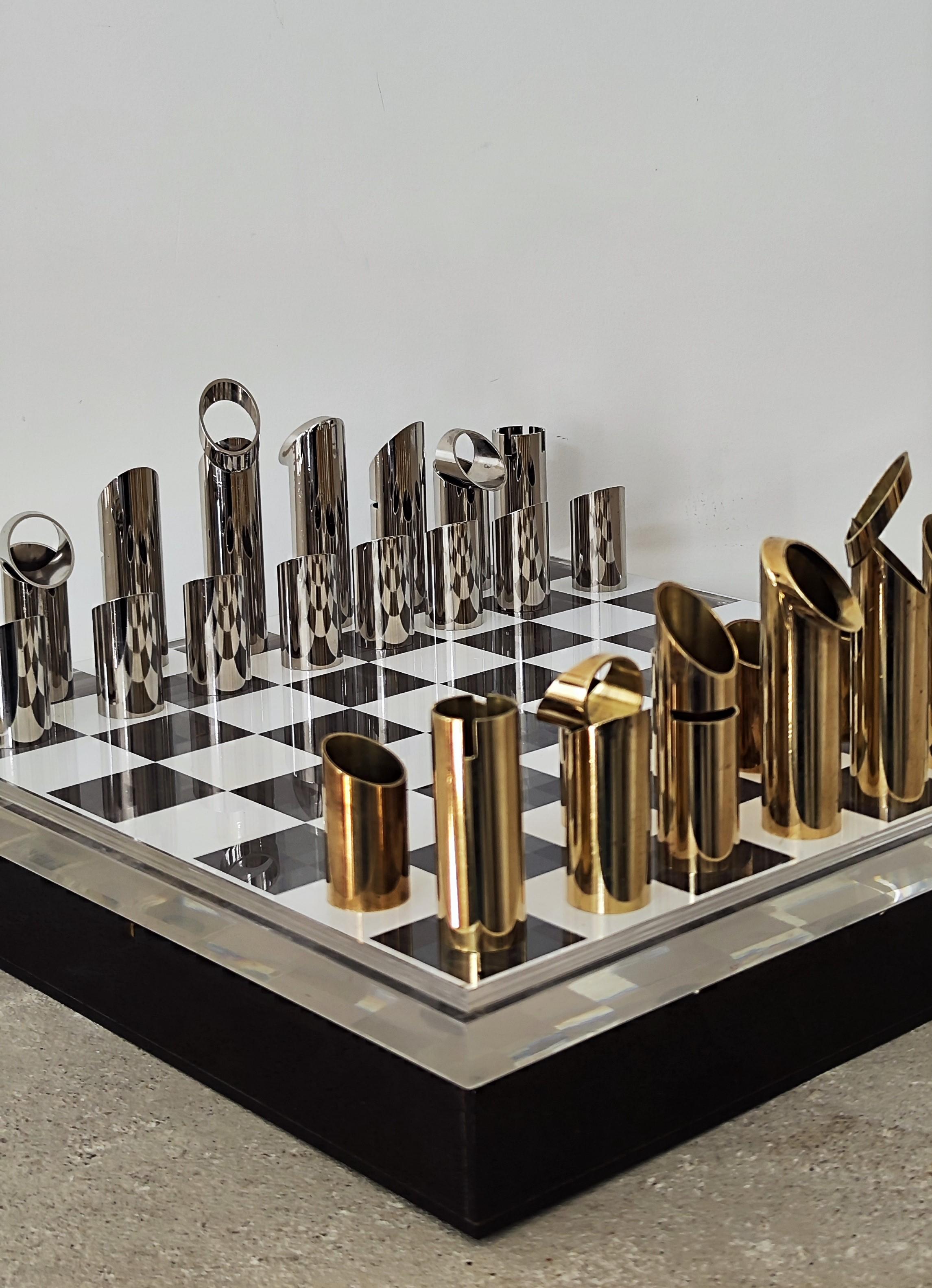 Chess set + board 70s altuglas steel bronze Mario Vento Mid Century  Italie 1970 10